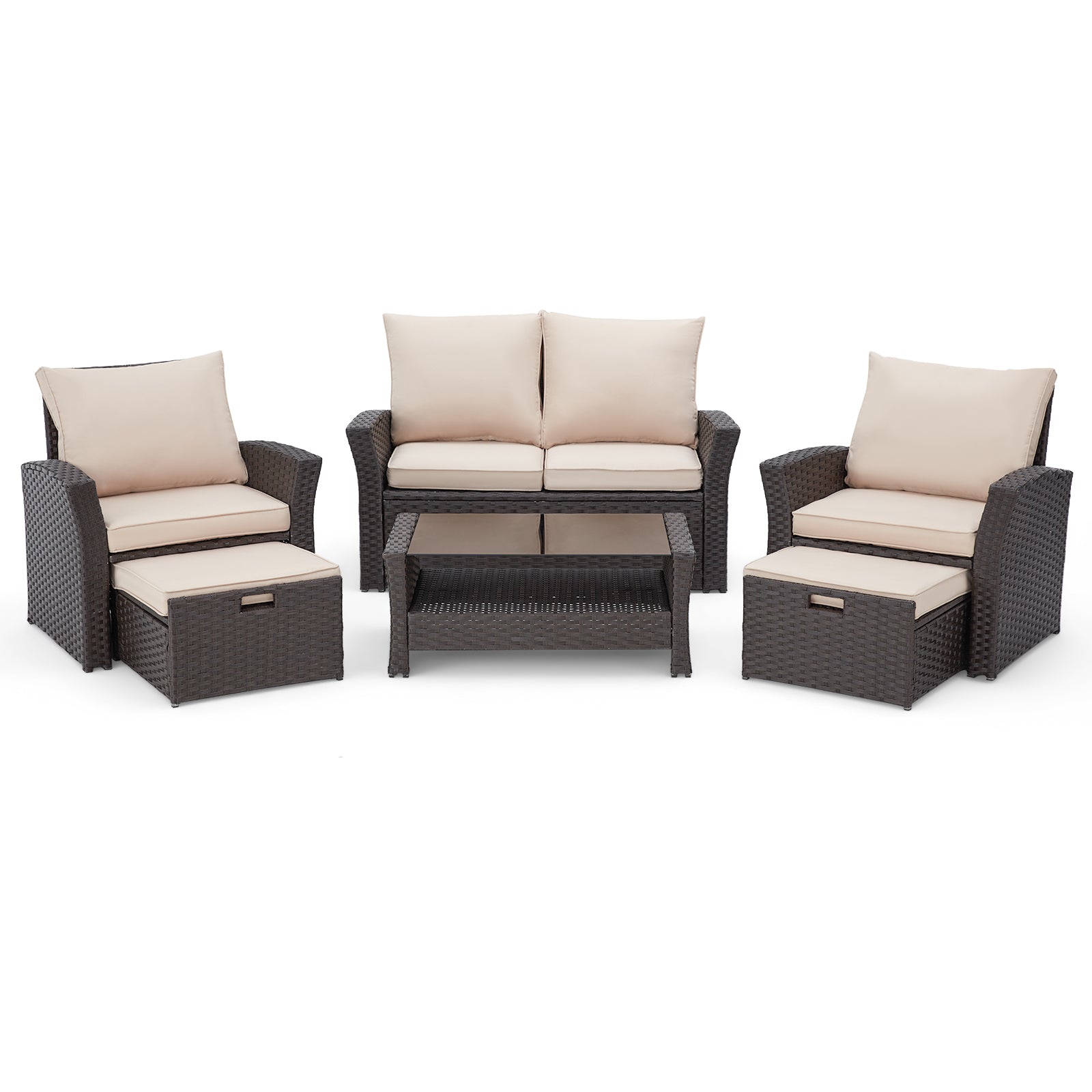 Homrest 6 Pcs Patio Furniture Set with Ottoman and Storage Table, Khaki