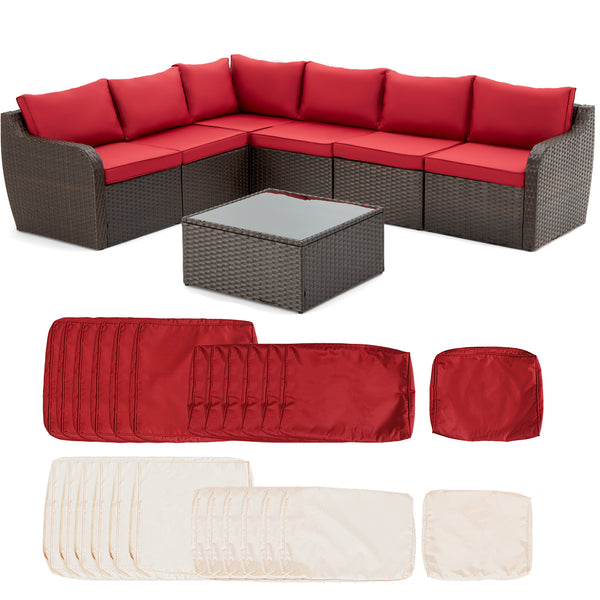 7 Pcs Patio Rattan Sofa Set w/ Ergonomic Curved Armrest, Red Cushion & Coffee Table