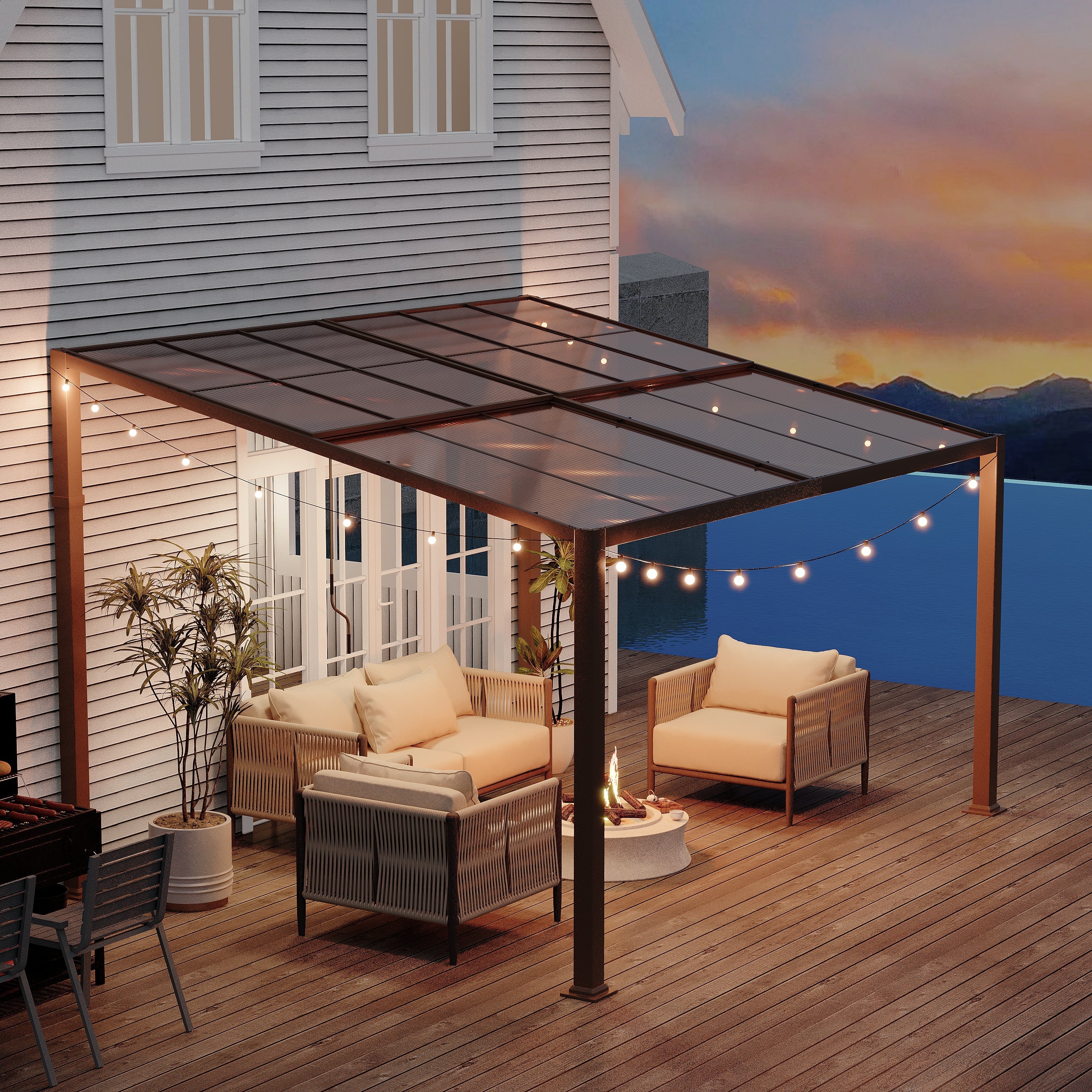 HOMREST 10' x 13' Lean to Gazebo, Patio Gazebo with Adjustable Polycarbonate Roof, Hardtop Wall Mounted Gazebo with Metal Frame