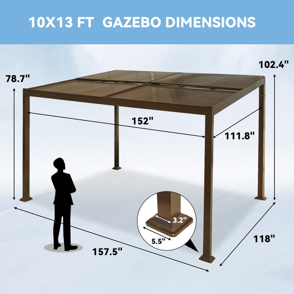 HOMREST 10' x 13' Lean to Gazebo, Patio Gazebo with Adjustable Polycarbonate Roof, Hardtop Wall Mounted Gazebo with Metal Frame