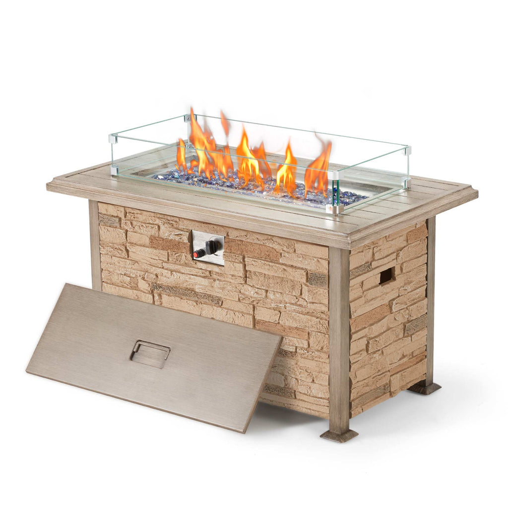 44'' Propane Gas Fire Pit Table 50000 BTU Auto-Ignition w/ Wind guard, Aluminum Tabletop,Waterproof Cover, Glass Beads, Brown Faux Stone Surface