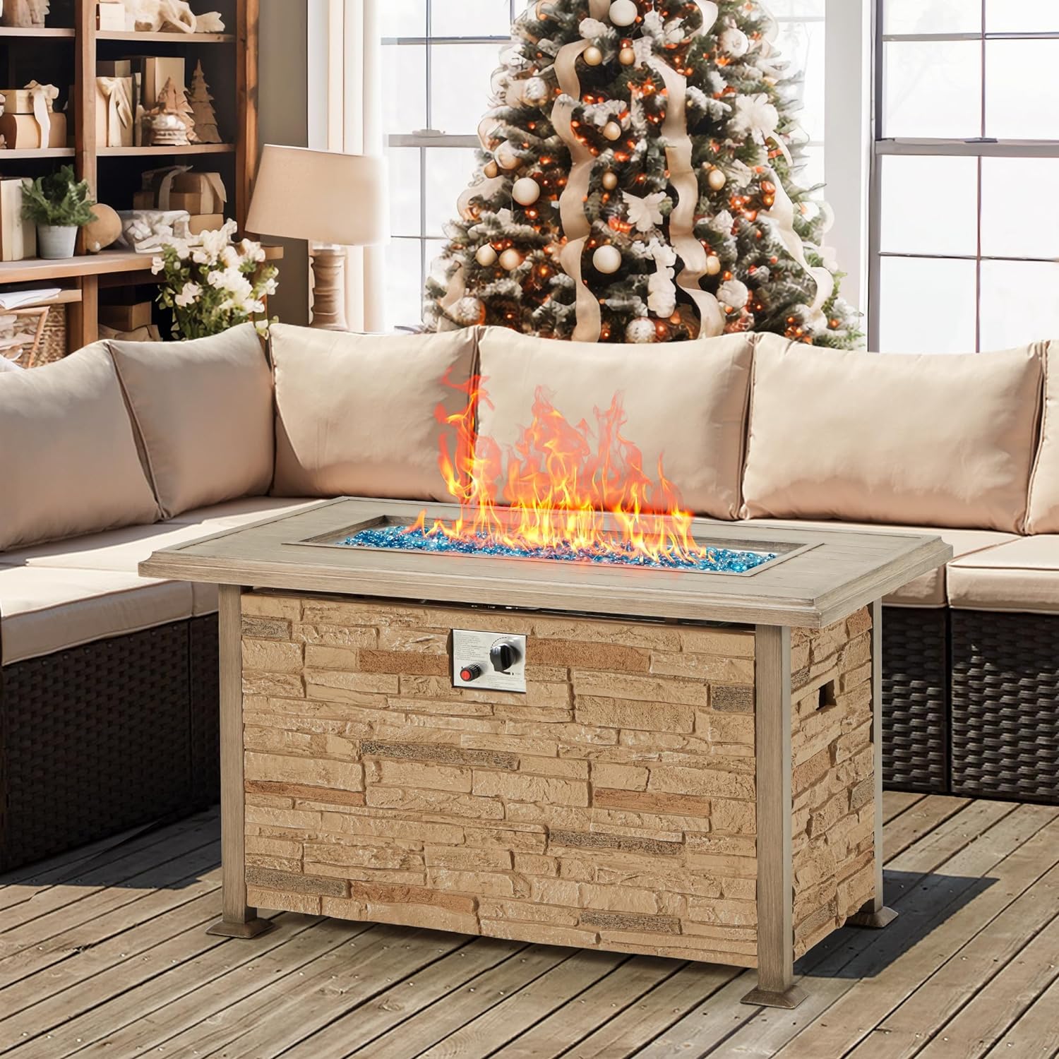 44'' Propane Gas Fire Pit Table 50000 BTU Auto-Ignition w/ Wind guard, Aluminum Tabletop,Waterproof Cover, Glass Beads, Brown Faux Stone Surface
