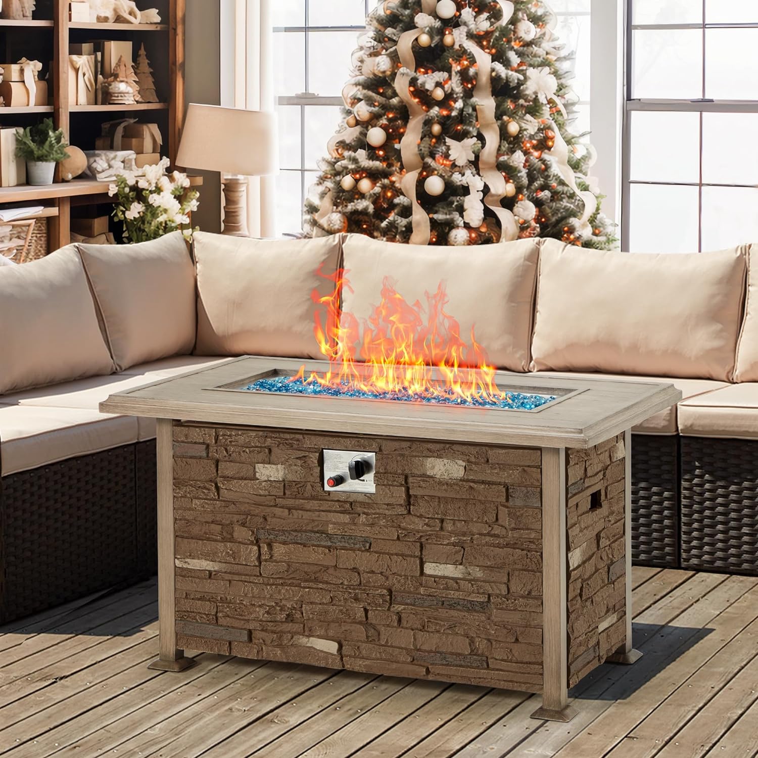 44'' Propane Gas Fire Pit Table 50000 BTU Auto-Ignition w/ Wind Guard, Aluminum Tabletop,Waterproof Cover, Glass Beads, Coffee | Homrest Furniture