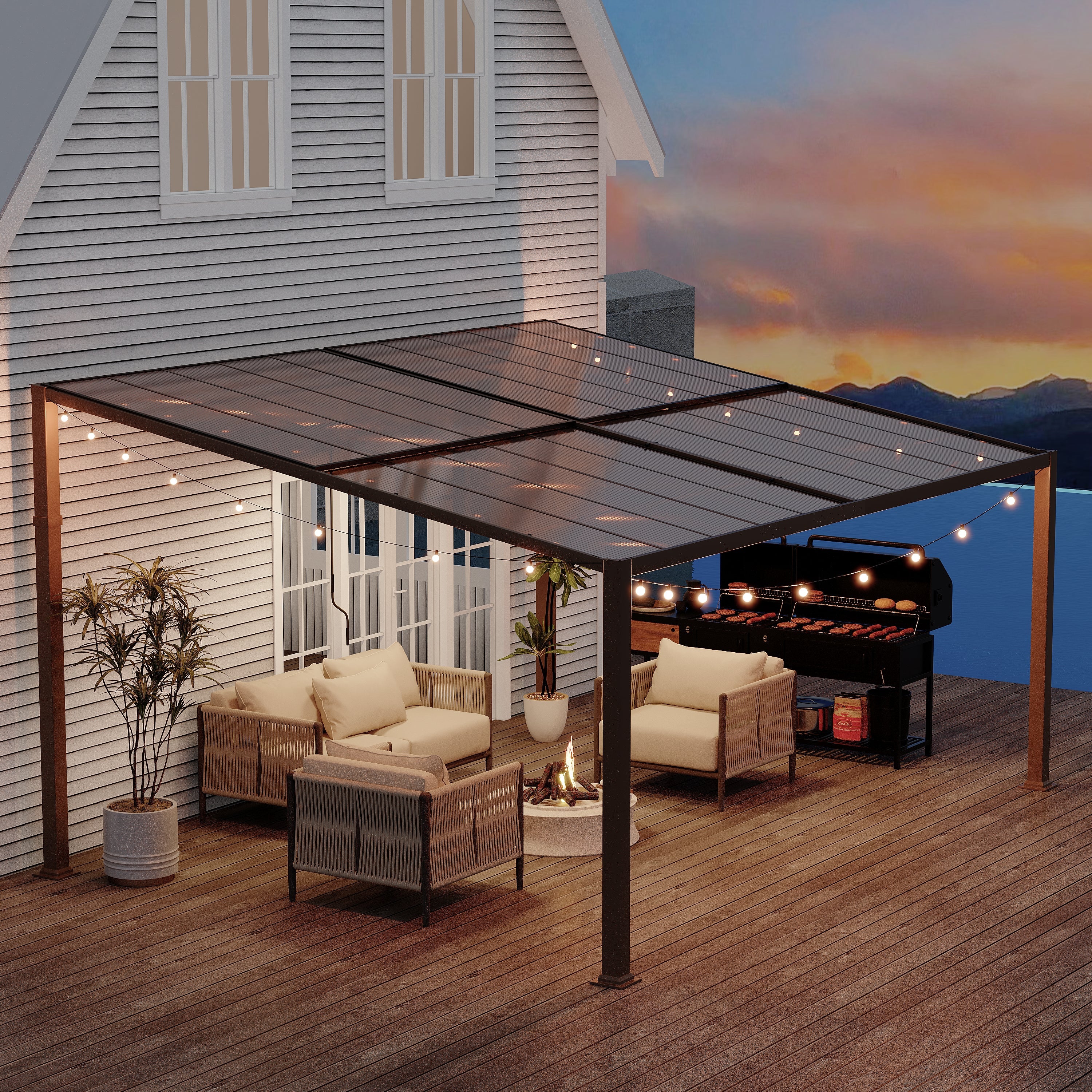 HOMREST 12' x 16' Lean to Gazebo, Patio Gazebo with Adjustable Polycarbonate Roof, Hardtop Wall Mounted Gazebo with Metal Frame, Outdoor Pergola for Deck, Porch, Garden, Backyard