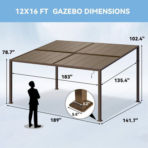 HOMREST 12' x 16' Lean to Gazebo, Patio Gazebo with Adjustable Polycarbonate Roof, Hardtop Wall Mounted Gazebo with Metal Frame, Outdoor Pergola for Deck, Porch, Garden, Backyard