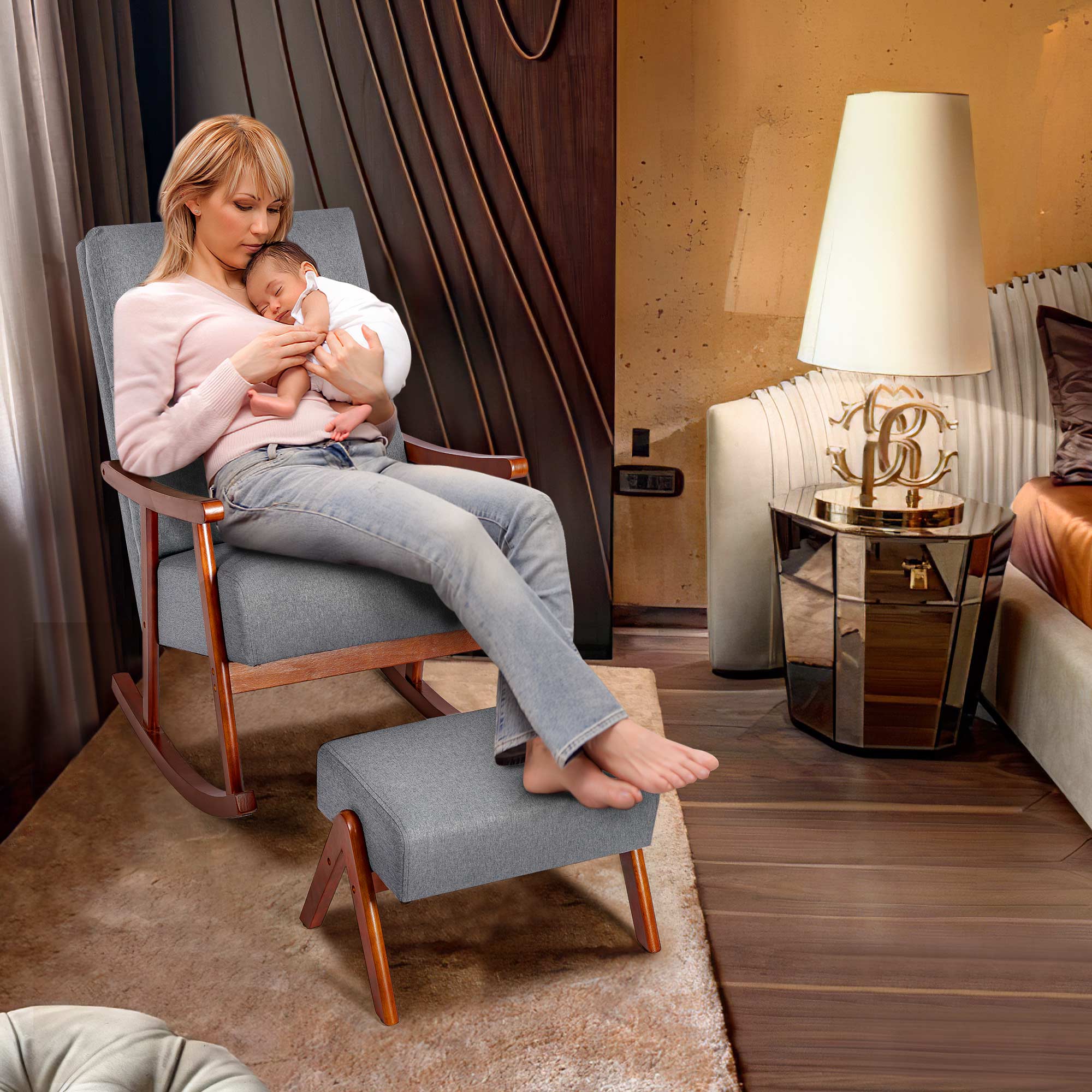 Rocking Chair with Ottoman, Mid-Century Nursery Rocking Armchair with Footrest & Thick Padded Cushion for Living Baby Room, Bedroom, Gray