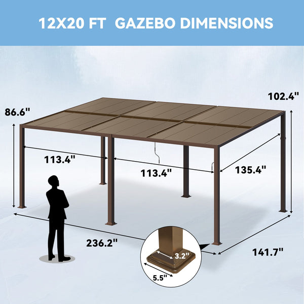 HOMREST 12' x 20' Lean to Gazebo, Heavy Duty Patio Gazebo with Adjustable Polycarbonate Roof, Hardtop Wall Mounted Gazebo with Metal Frame, Outdoor Pergola for Deck, Porch, Garden, Backyard