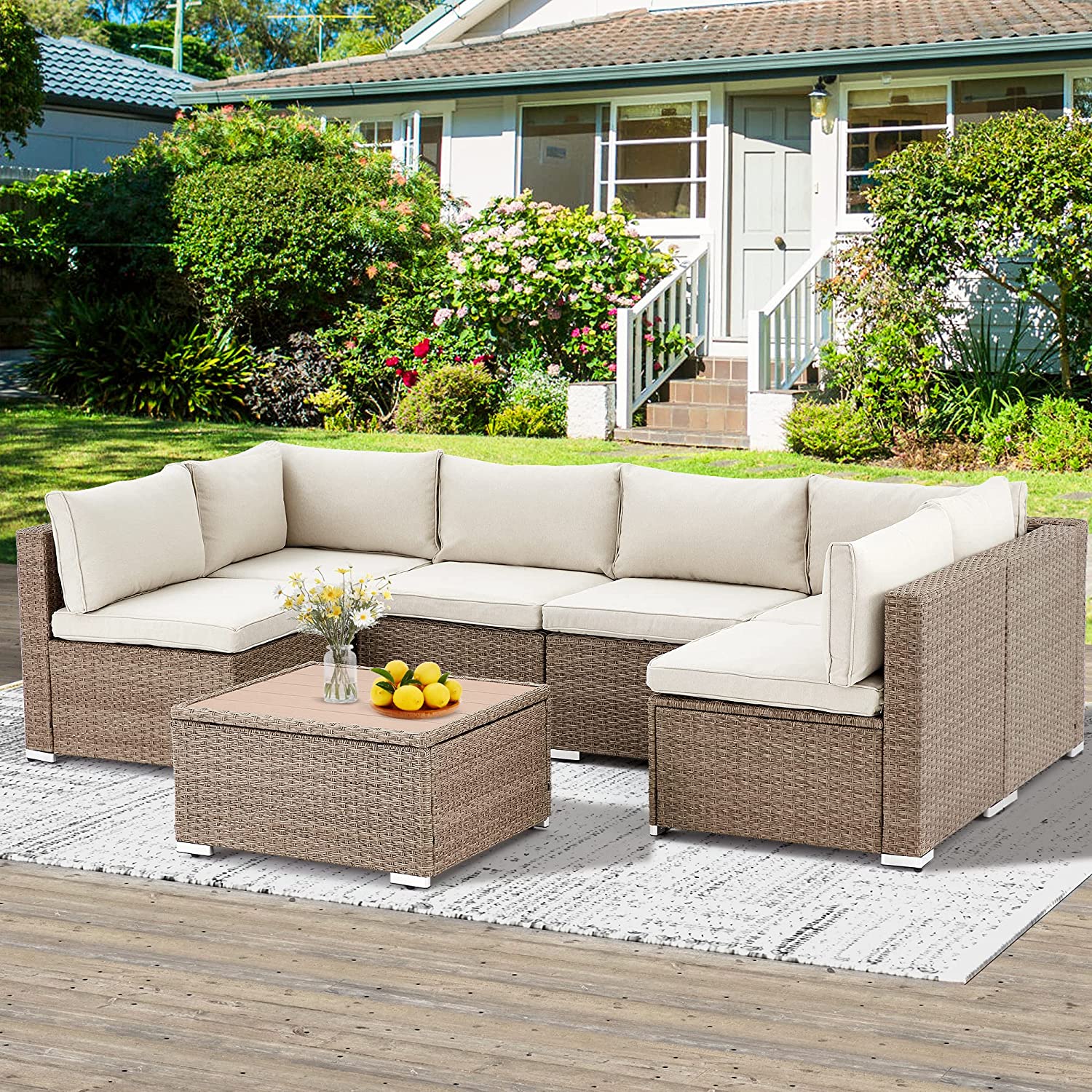  Homrest 7 pieces outdoor ratten sectional sofa set, beige