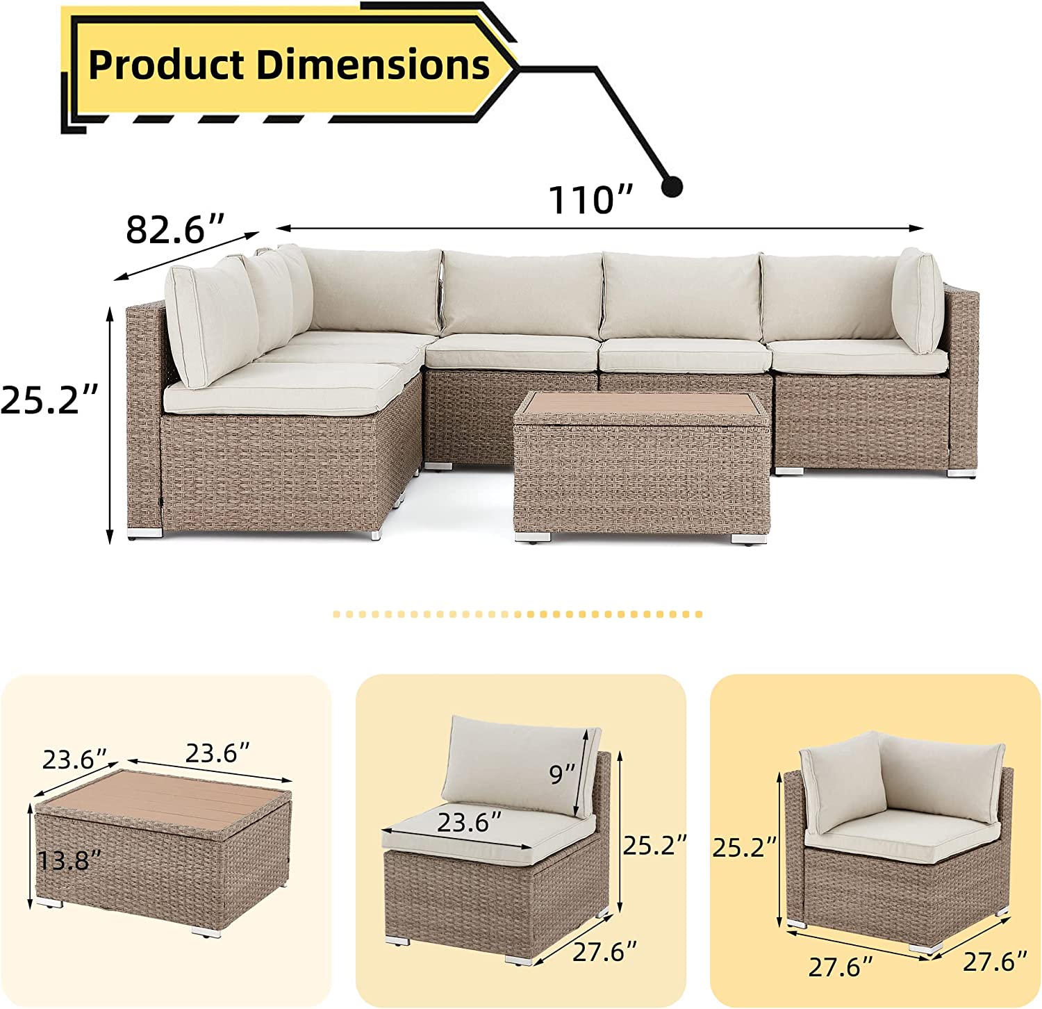 Dimensions of  Homrest 7 pieces ratten sectional sofa set 