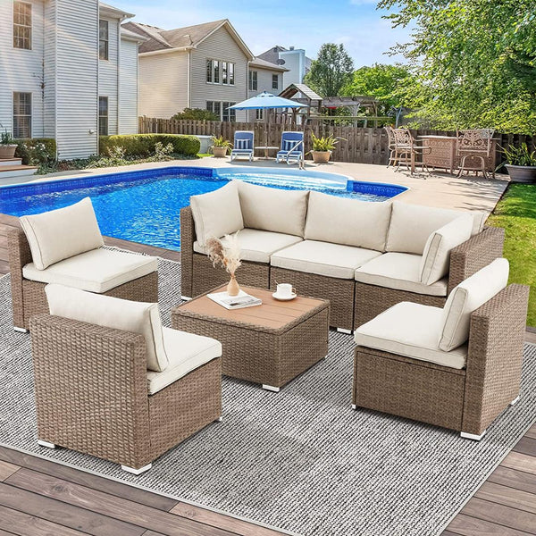 Homrest 7 pieces outdoor ratten sectional sofa set is suitable for balcony, porch and courtyard.
