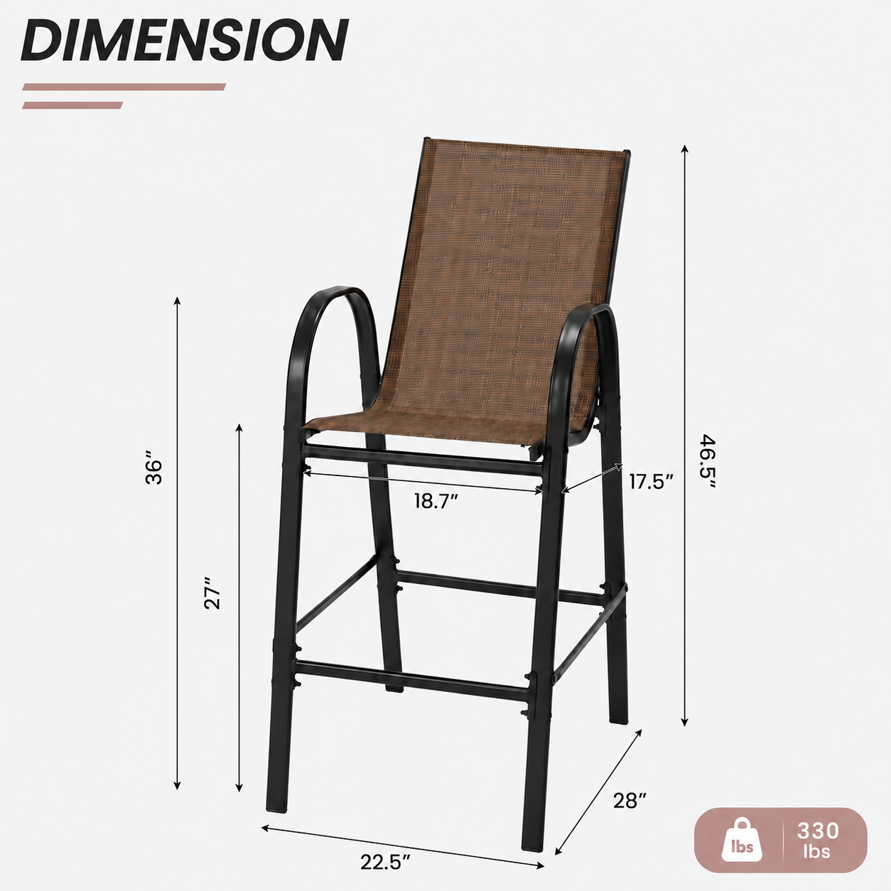 HOMREST Outdoor Bar Height Stools Set of 4, High Back Patio Chairs with Armrests,Textilene Chairs with Breathable Fabric & Metal Frame, Brown