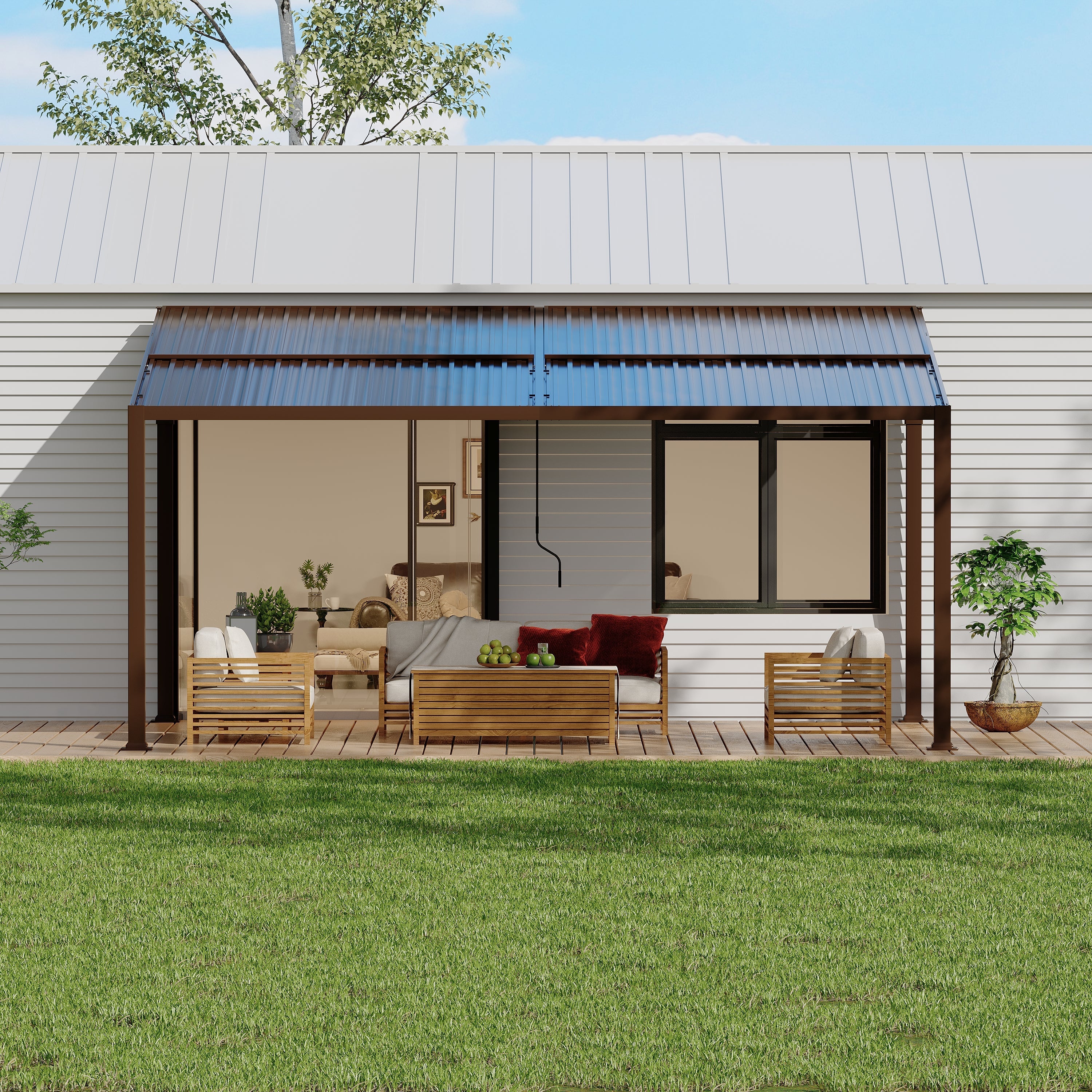 HOMREST 12' x 16' Lean to Gazebo, Patio Gazebo with Adjustable Galvanized Roof, Hardtop Wall Mounted Gazebo with Full Metal Frame, Outdoor Pergola for Deck, Porch, Garden, Backyard