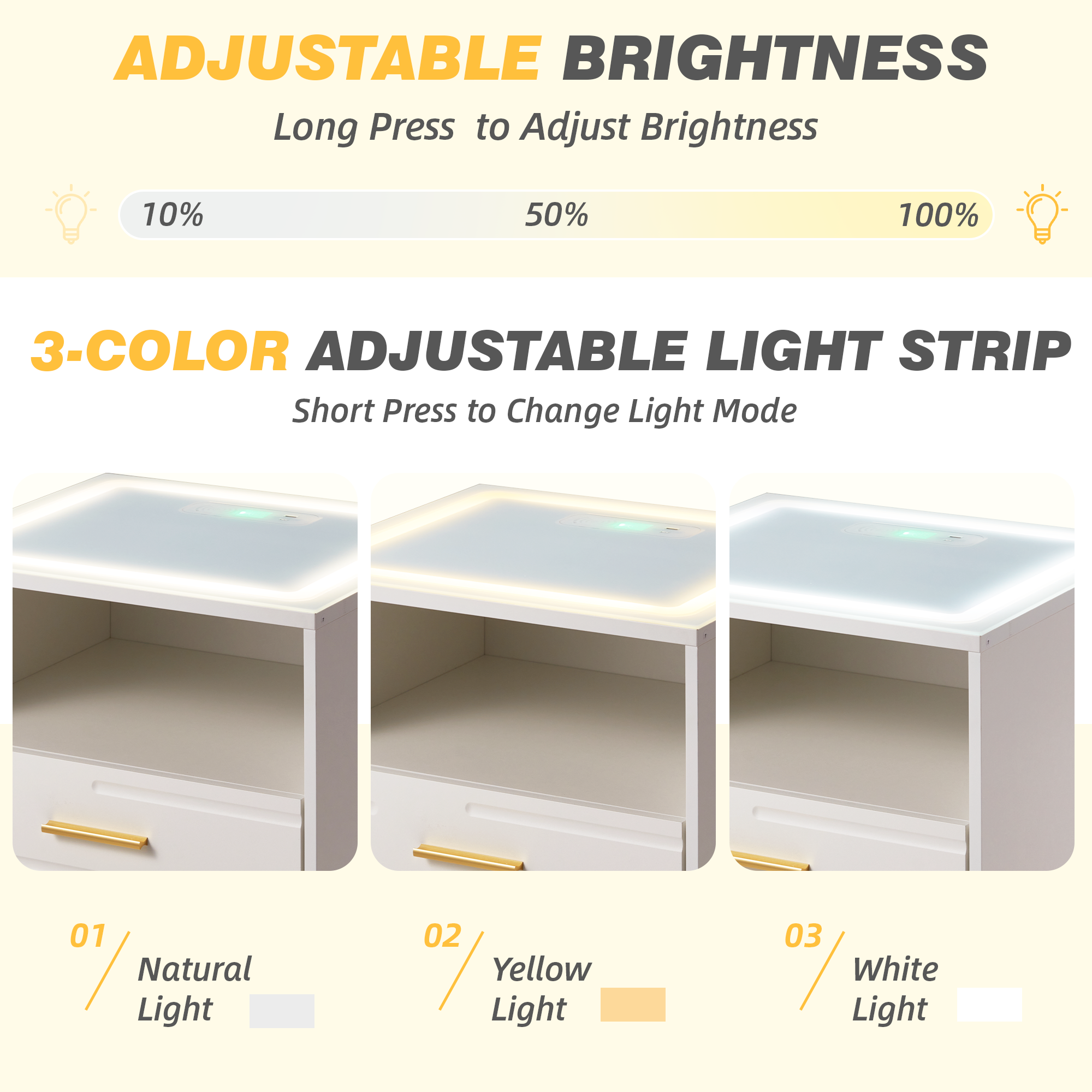 HOMREST LED Nightstand with Wireless Charging, Smart Bedside Table with Drawers & Adjustable LED Lights, White