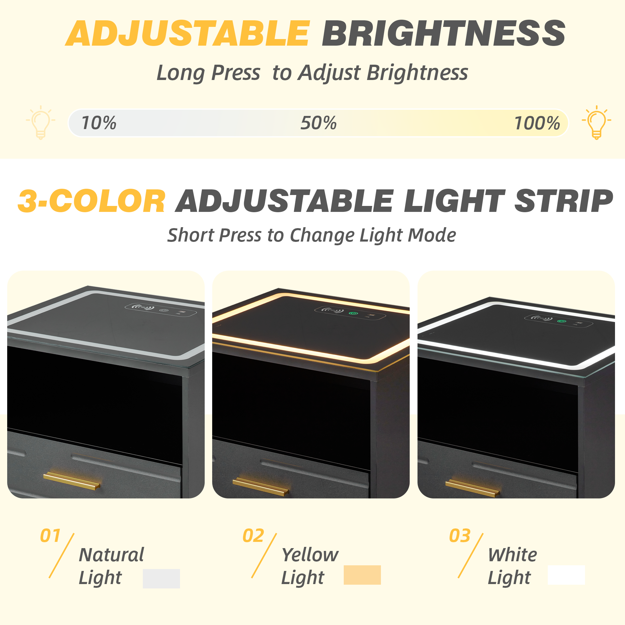 HOMREST LED Nightstand with Wireless Charging, Smart Bedside Table with Drawers & Adjustable LED Lights, Gray