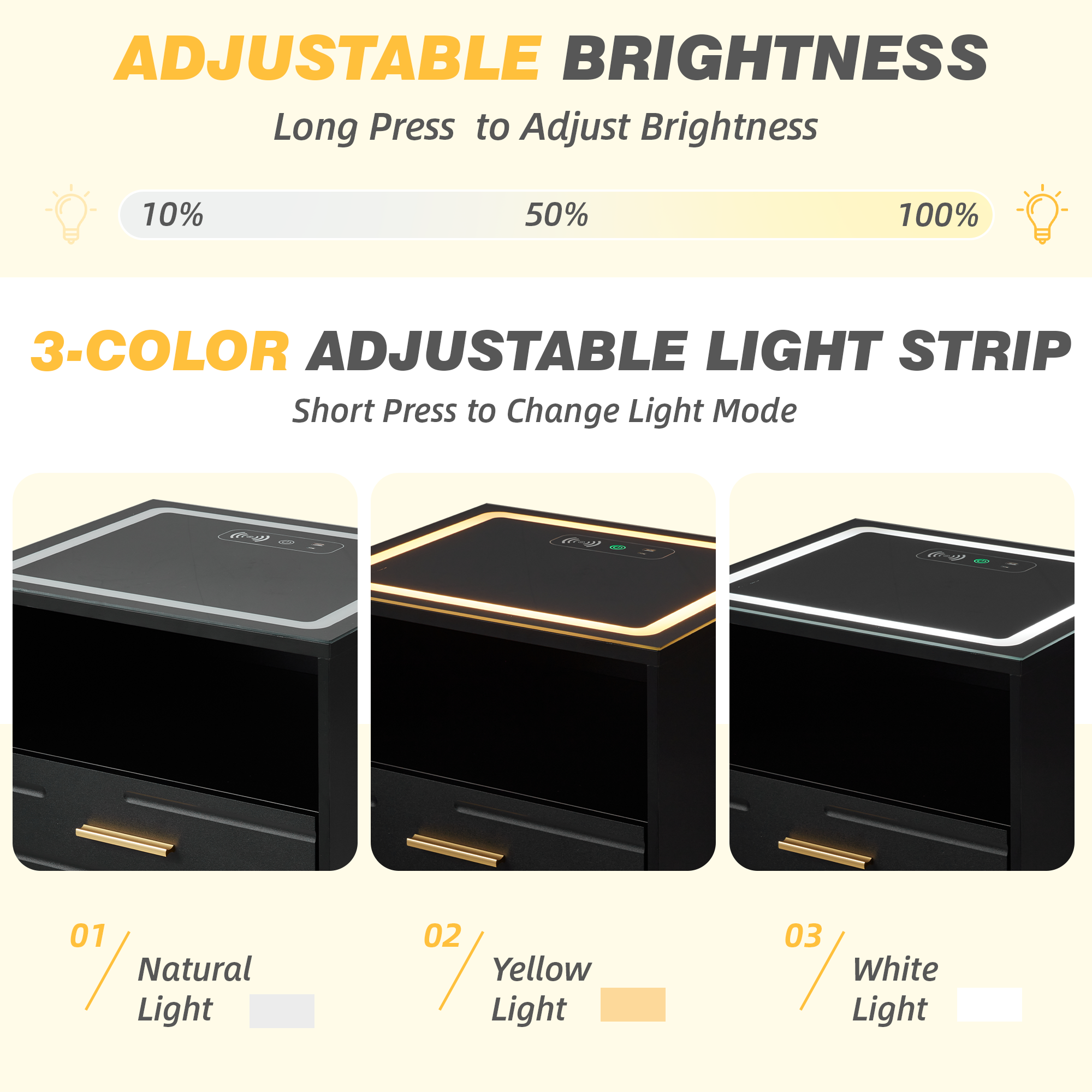 HOMREST LED Nightstand with Wireless Charging, Smart Bedside Table with Drawers & Adjustable LED Lights, Black