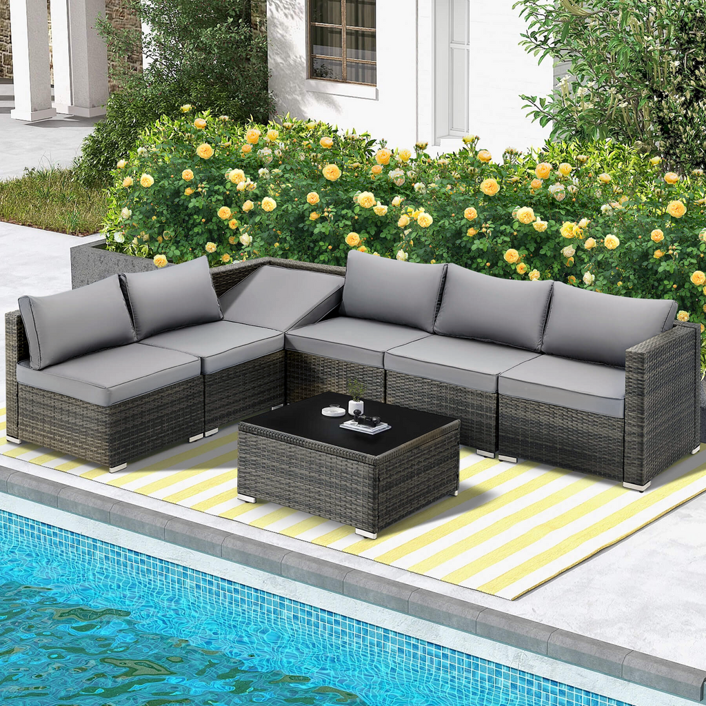 Homrest 7 Piece Outdoor Patio Furniture with Storage Table, Cushions and Pillows, Gray