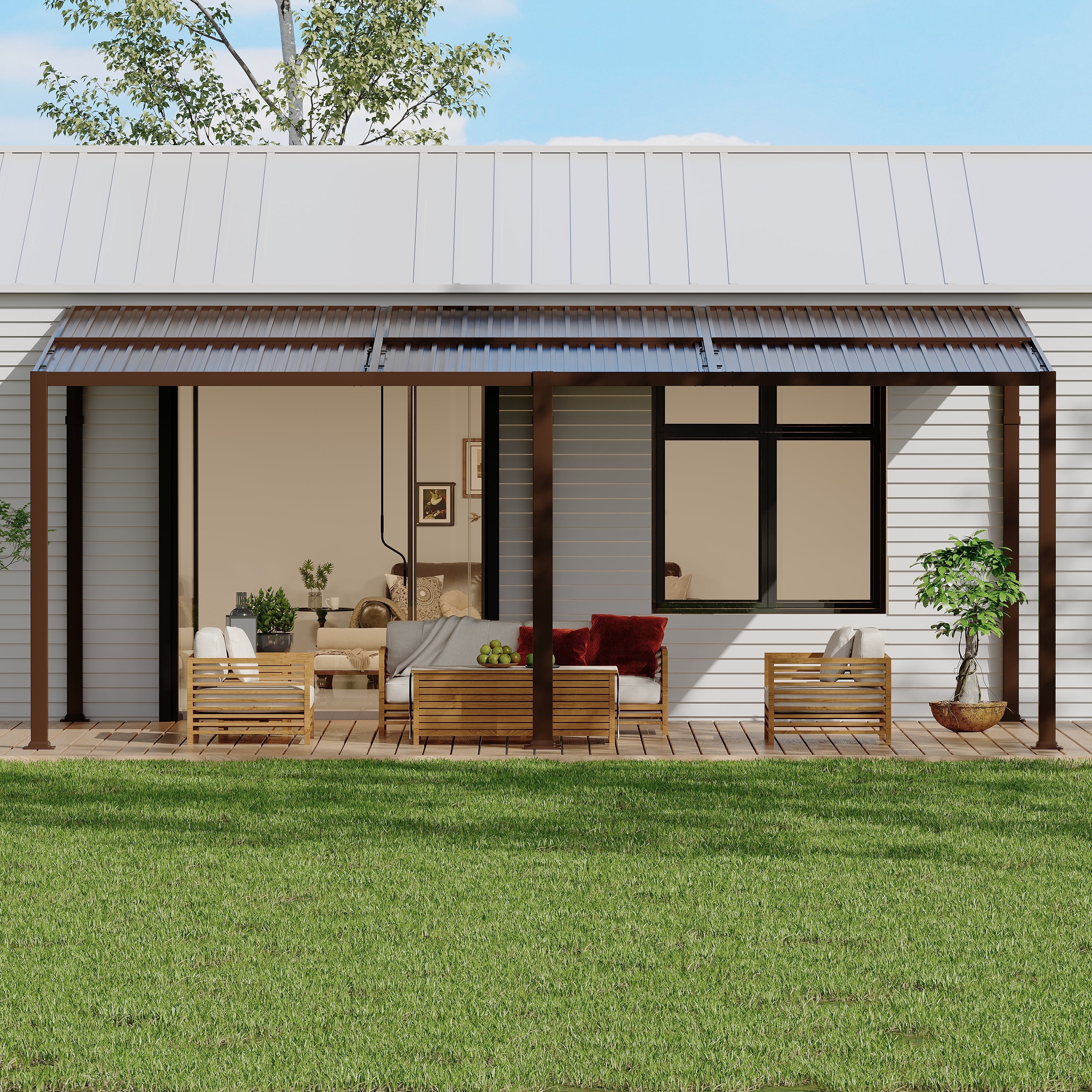 HOMREST 12' x 20' Lean to Gazebo, Patio Gazebo with Adjustable Galvanized Roof, Hardtop Wall Mounted Gazebo with Full Metal Frame, Outdoor Pergola for Deck, Porch, Garden, Backyard