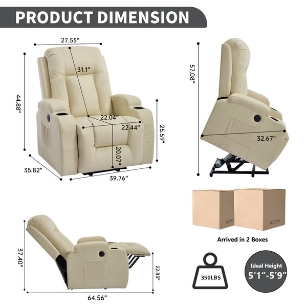 HOMREST PU Infinite Position Power Lift Recliner Chair for Elderly, 8-Point Vibration Massage and Lumbar Heating, Beige