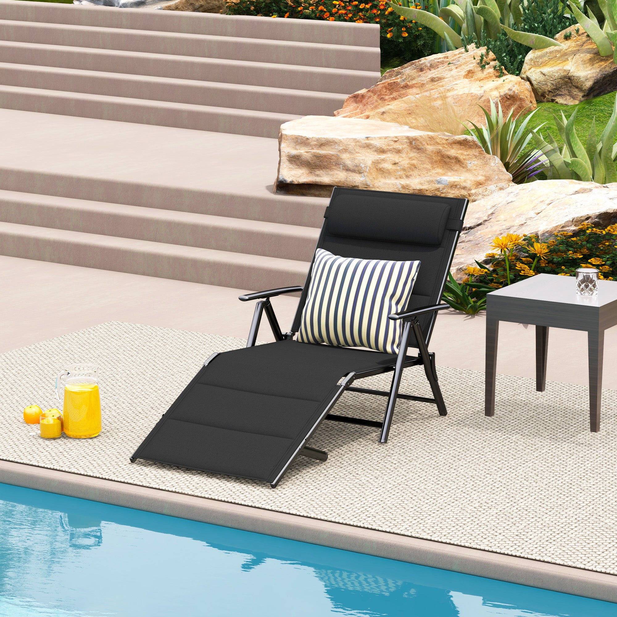 Outdoor Folding Lounge Chair with 7-Position Adjustable Backrest for Poolside, Black