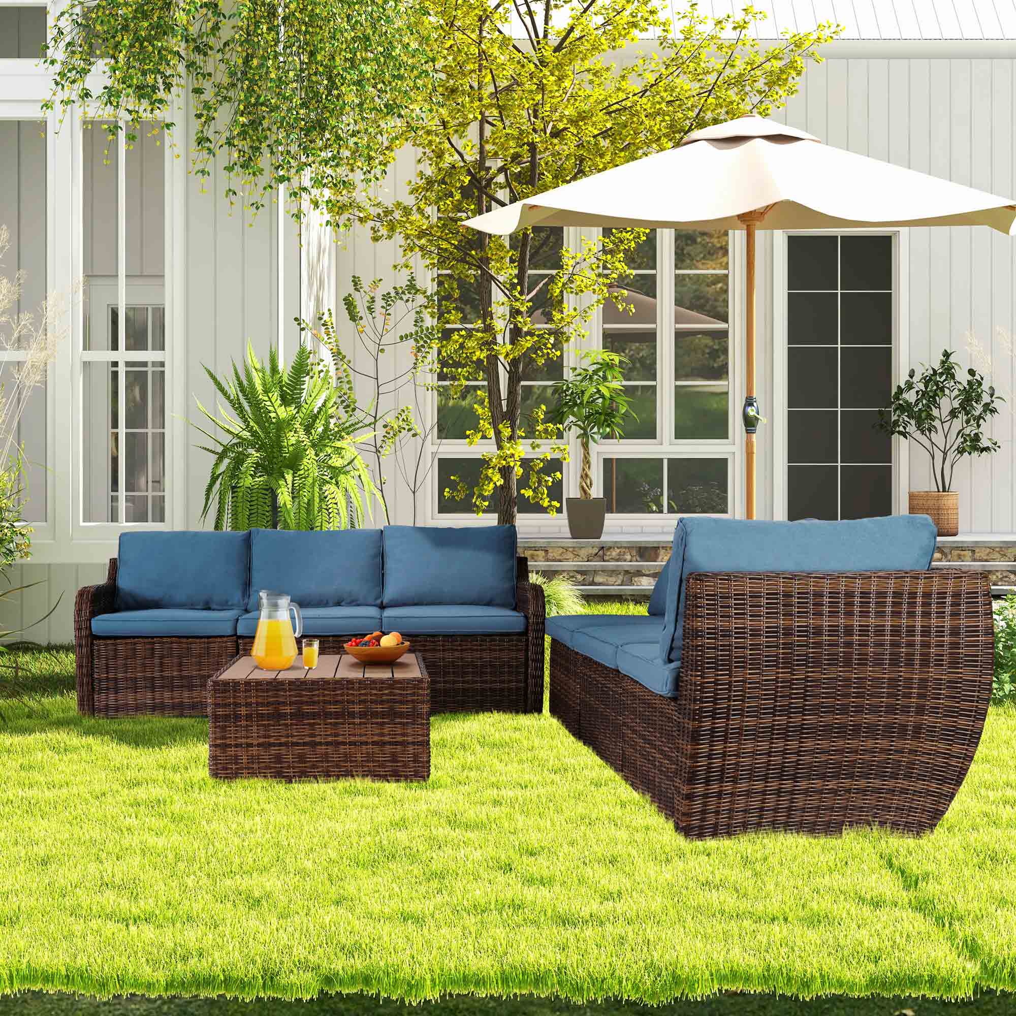 Homrest 7 pieces patio furniture set, rattan wicker sectional sofa set with coffee table for garden, backyard, blue