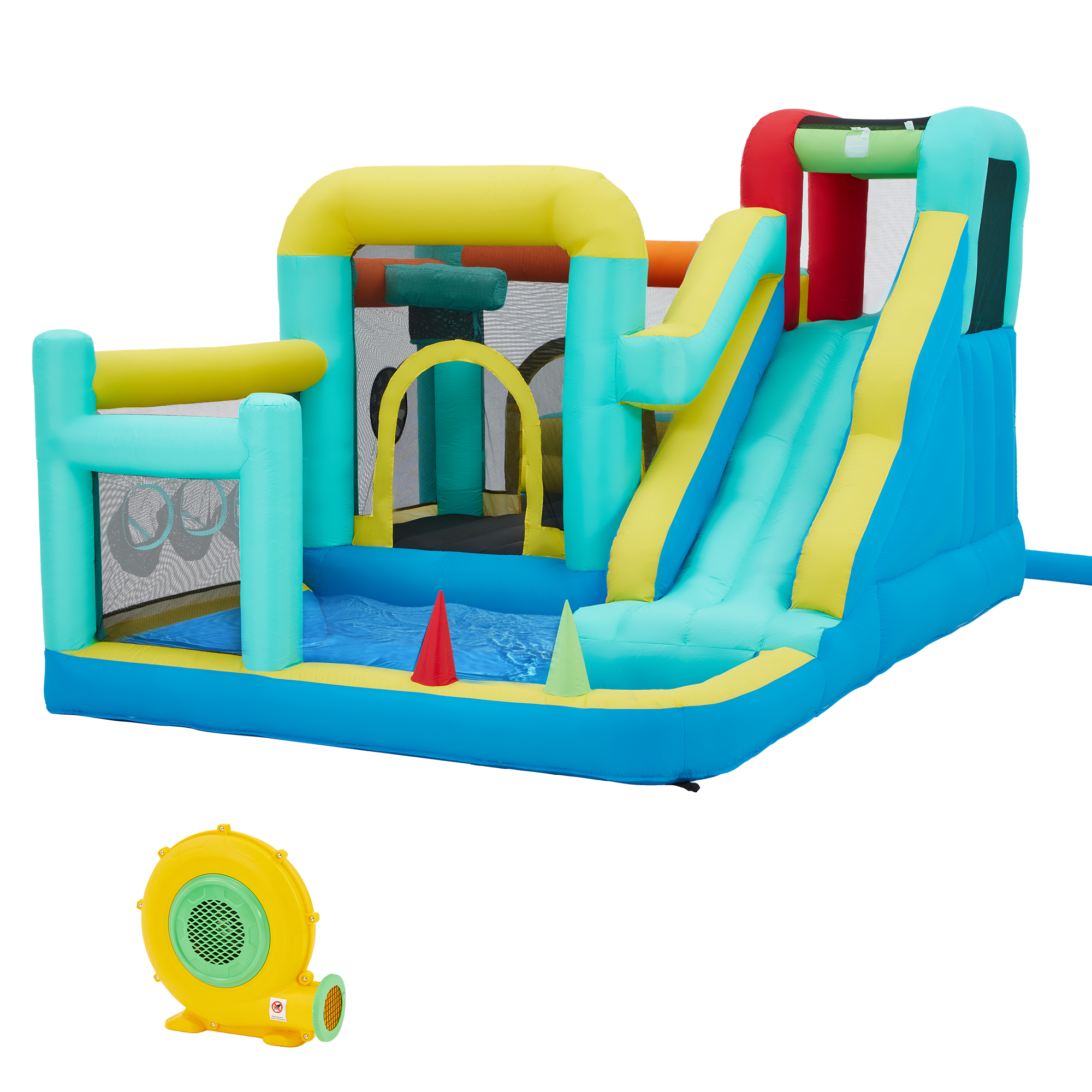Homrest Inflatable Trampoline Bouncy House with Blower, Jumping Castle with Water Slides for Kids Backyard,  Heavy Duty 840D Oxford Cloth Water Slide Outdoor Sports Dartboard Game for Kids 3-6