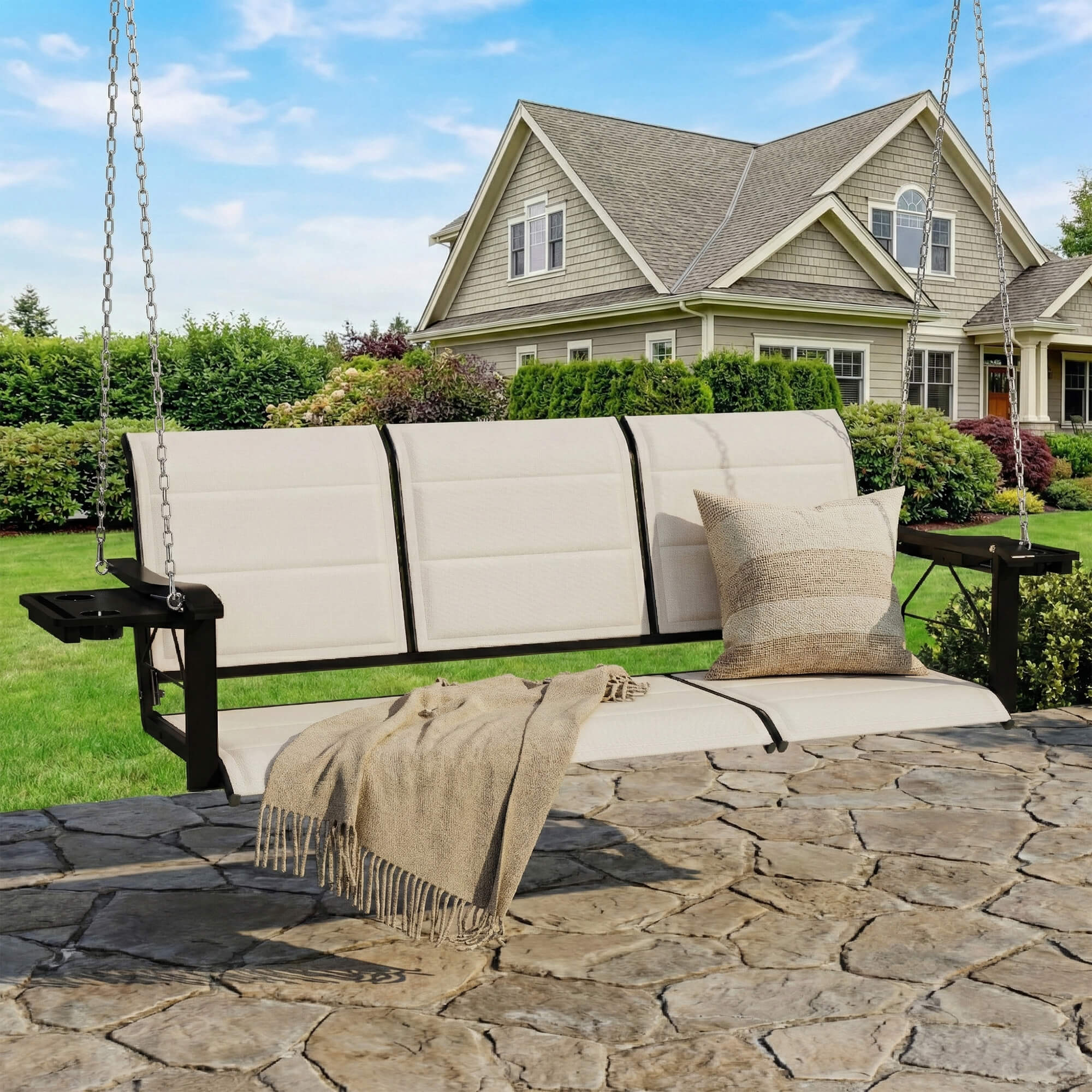 HOMREST 3-Seat Porch Swing with Cup Holders, 5.3 FT Textilene Patio Hanging Swing Bench with Cotton Layer, Hanging Chains, 700 LBS Capacity, Beige