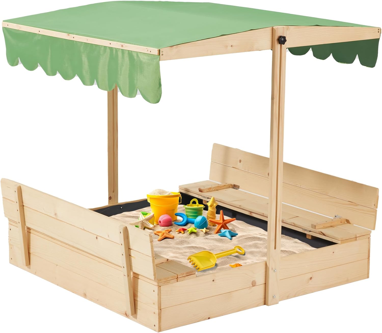 Homrest Kids Sandbox with Cover,Height Adjustable Roof,for Aged 3-8, with Sand Protection Liner, for Backyard, Beach, Lawn