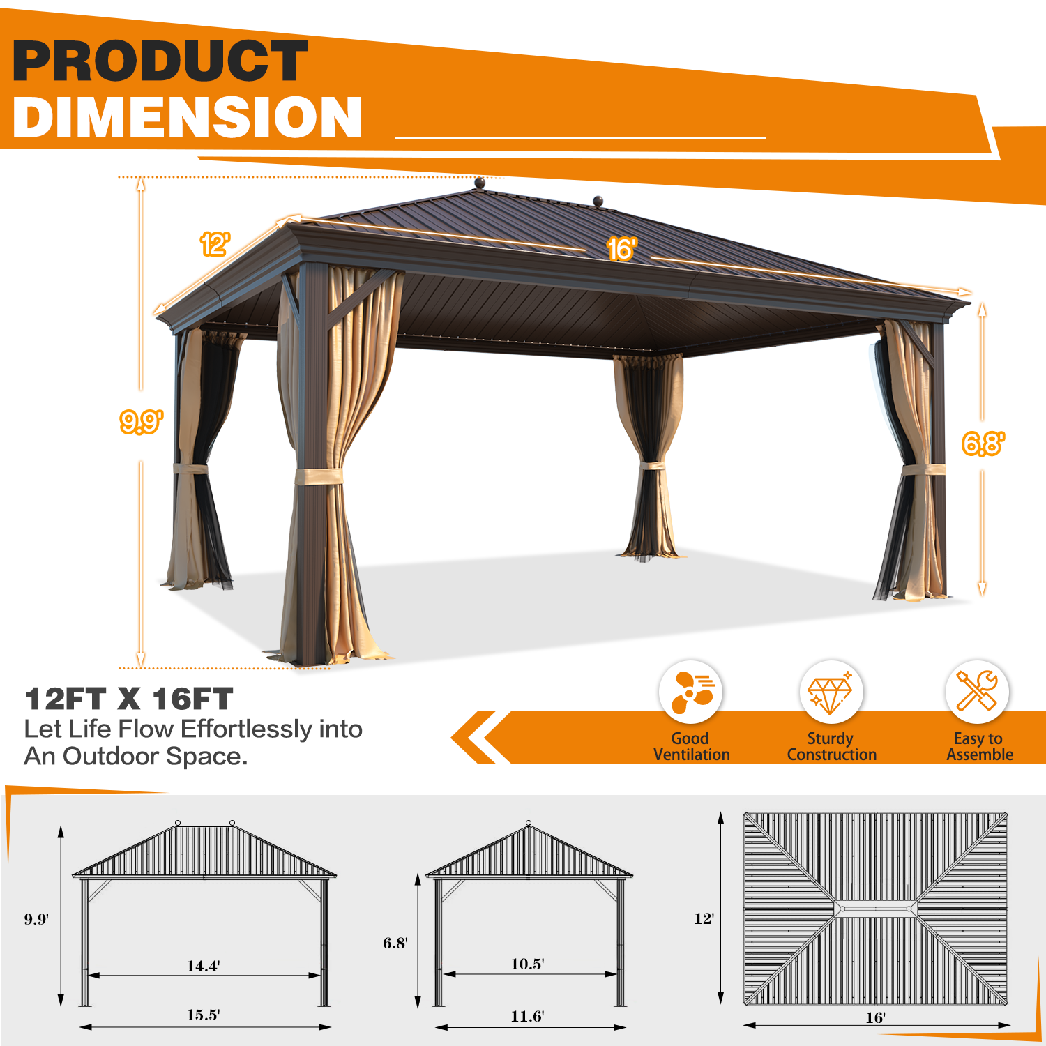 Homrest 12' x 16' Hardtop Gazebo, Galvanized Steel Metal Single Roof Aluminum Gazebo with Curtain and Netting, Brown Permanent Pavilion