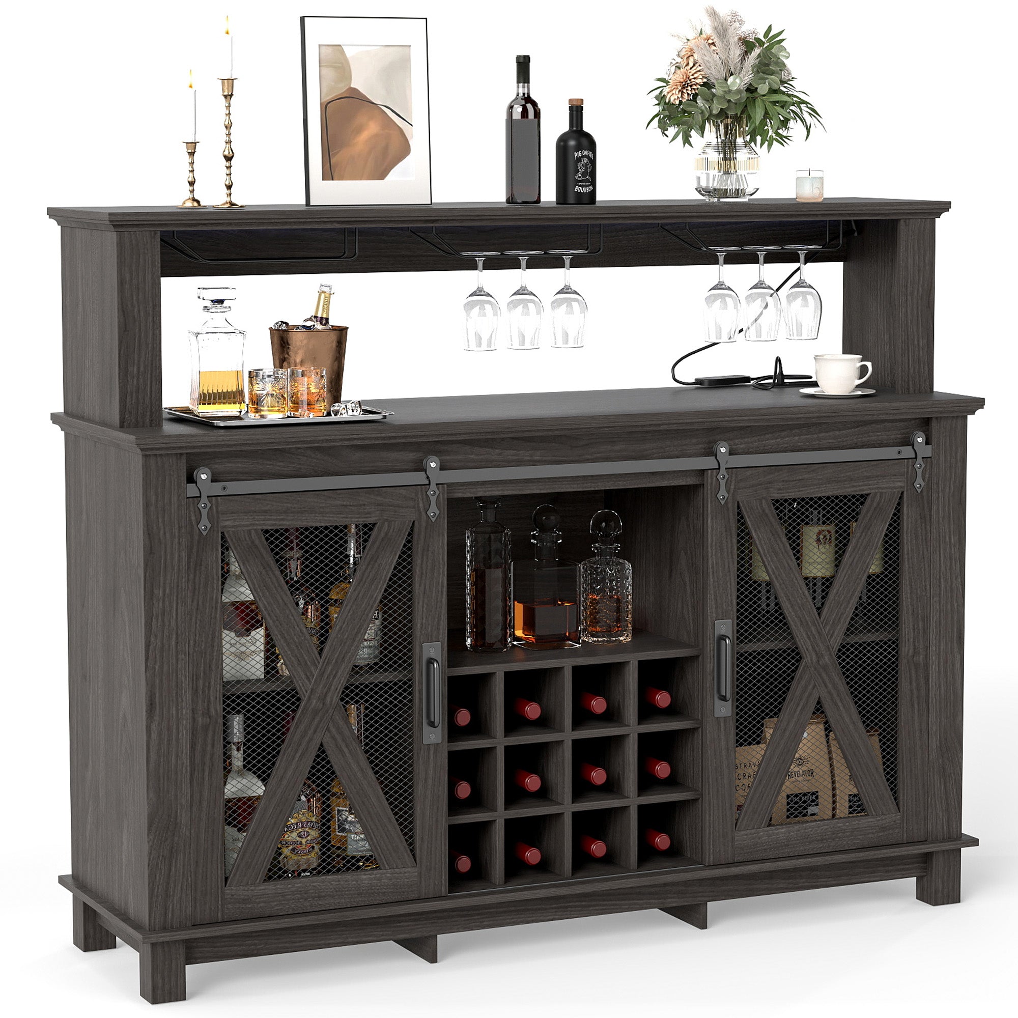 HOMREST 55" Farmhouse Bar Cabinet, Wine Coffee Bar Cabinet With Led Lights And Sliding Barn Door, Home Bar With Wine Racks And Glass Holder,  Black