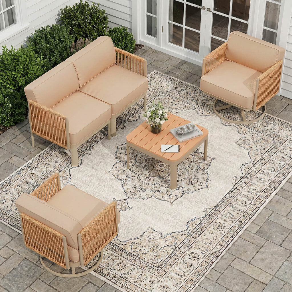 HOMREST 4 Piece Patio Furniture Set,Swivel Glider Rocking Chairs with 6" Thick Cushions, Loveseat & Coffee Table, Beige