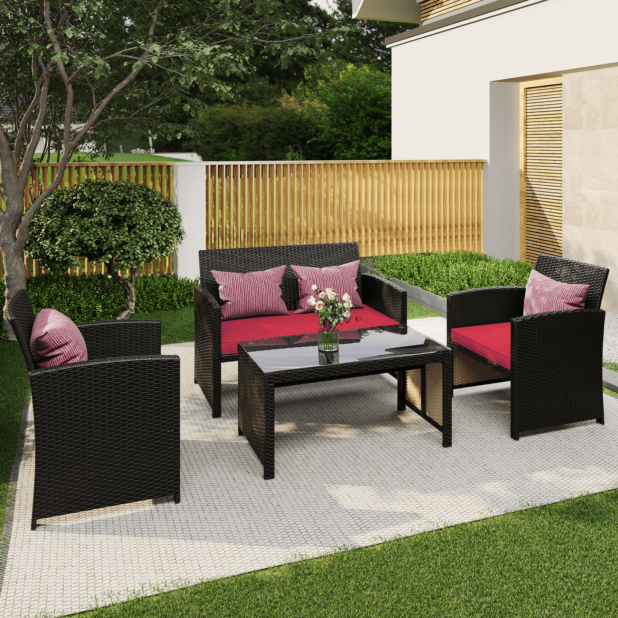HOMREST 4-Piece Patio Furniture Set, Outdoor Wicker Patio Conversation Set with Cushions, Sofa & Glass Coffee Table, Red