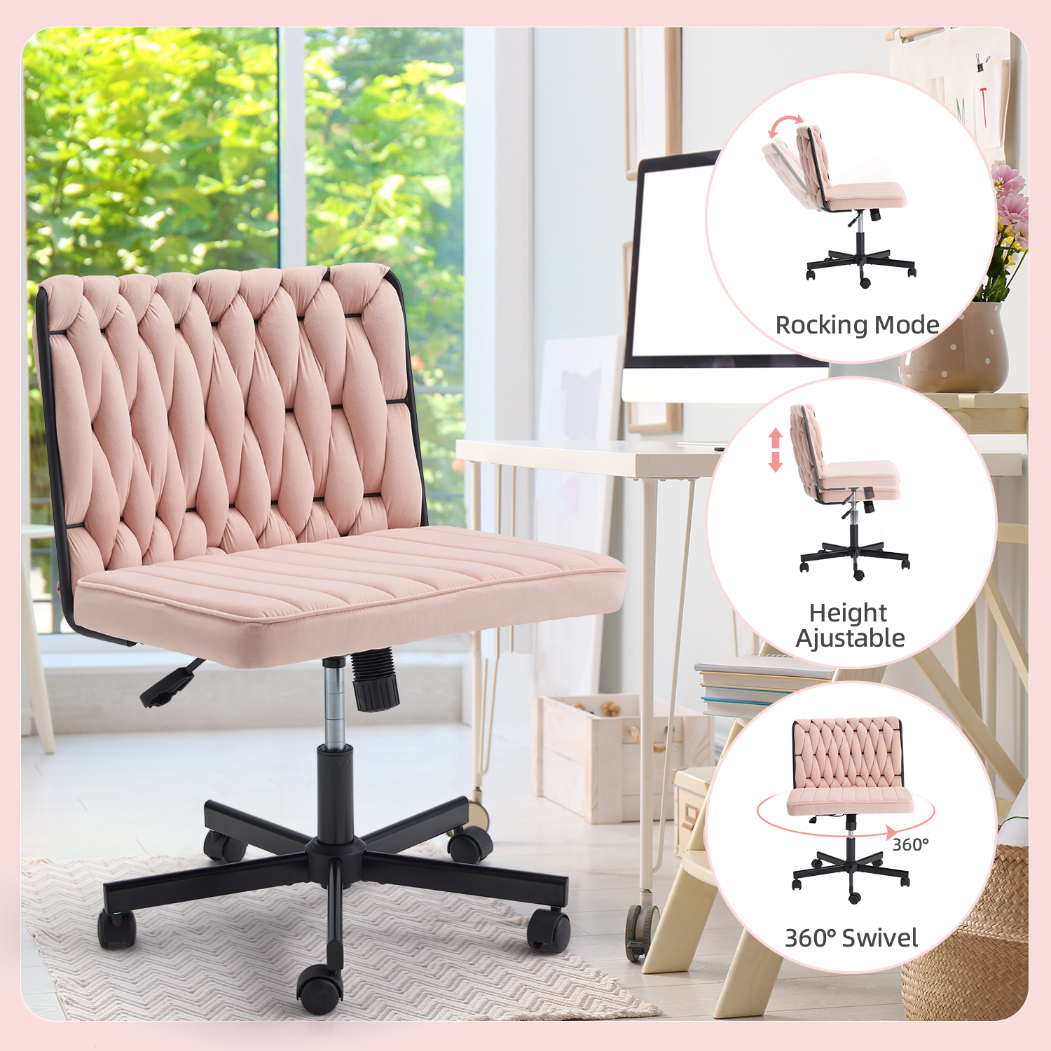 HOMREST Height Adjustable Criss Cross Chair with Wheels, Pink