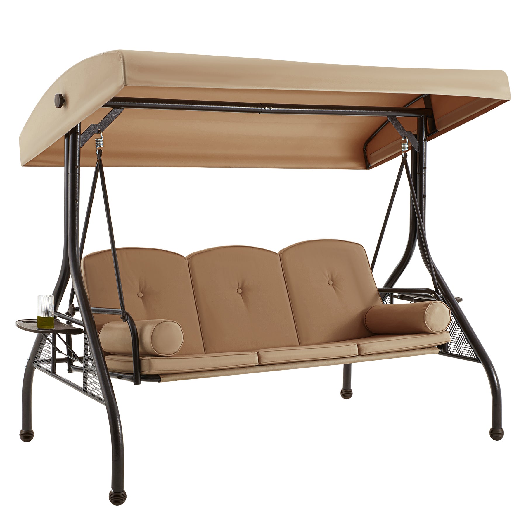 Homrest 3-Seat Outdoor Porch Swing with Adjustable Canopy and Backrest, Brown 