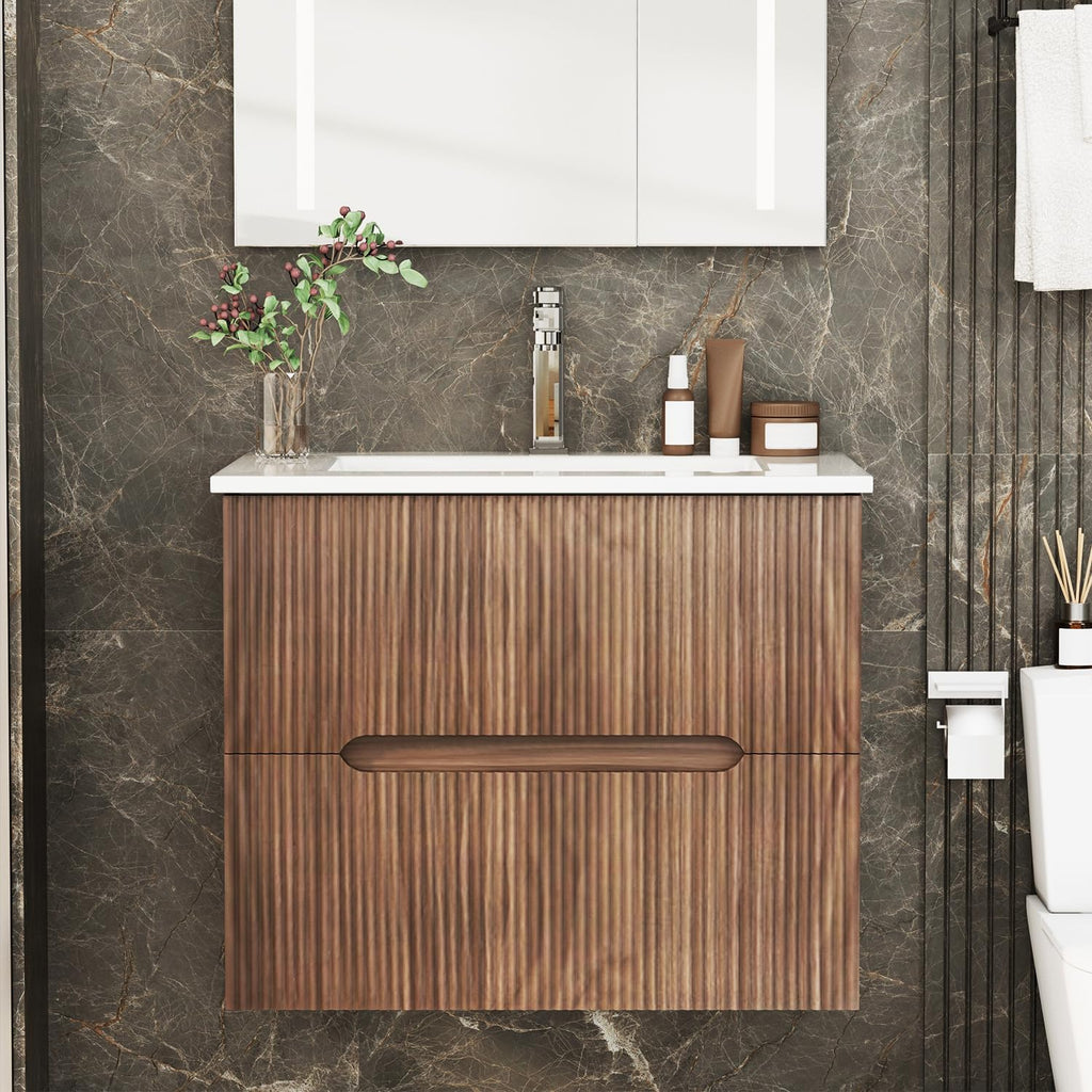 HOMREST 24 Inch Bathroom Vanity with Sink, Floating Bathroom Vanity with Ceramic Basin, Wall Mounted Bathroom Sink Cabinet Set with Soft-Close 2 Drawers, Faucet & Pop Up Drain, Walnut