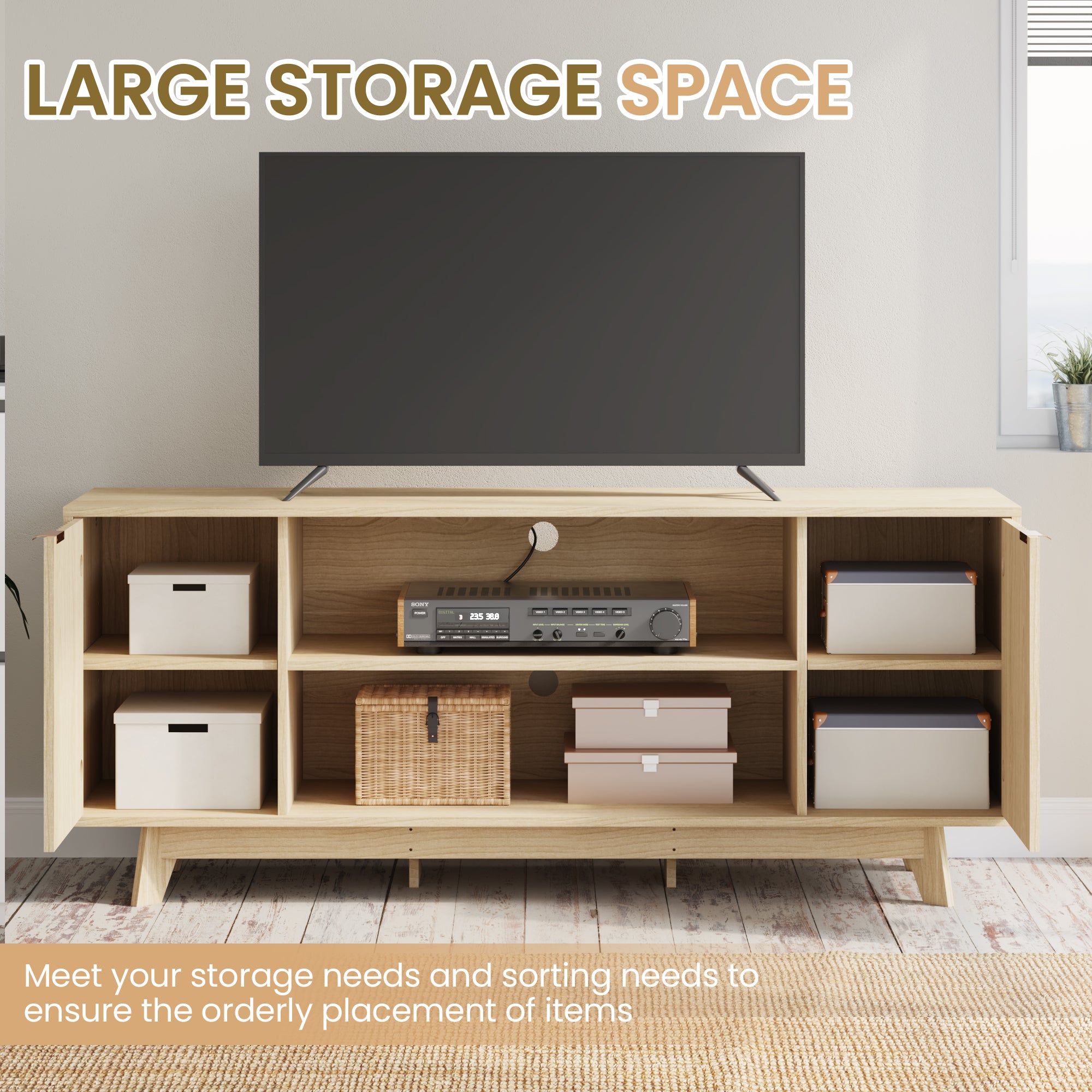 HOMREST Large TV Table with Fluted Door Cabinets and Open Shelves, TV Stand for Living Room, Bedroom, Dining Room