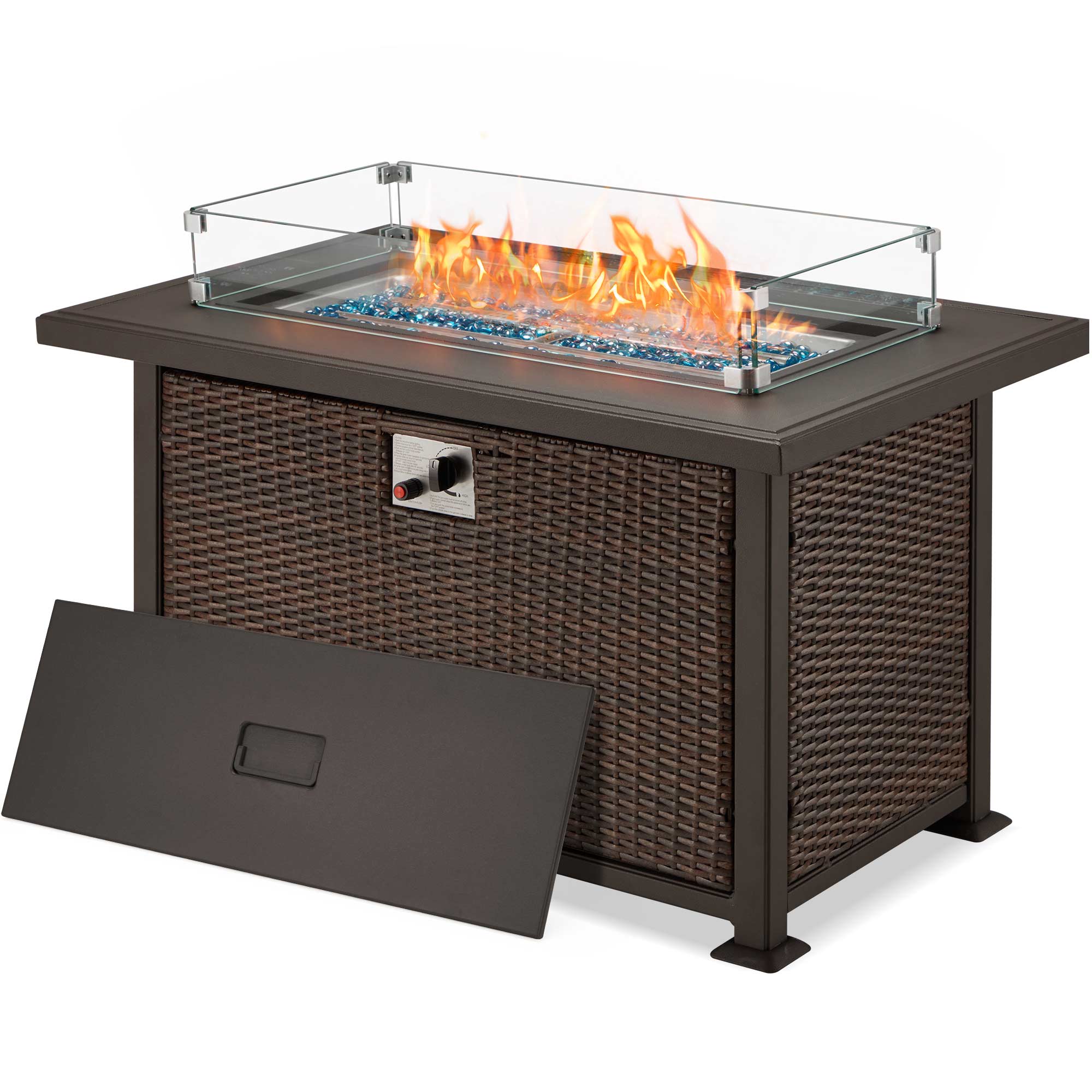 50 in Propane Fire Pit Table w/ Glass Wind Guard and Aluminum Tabletop,50,000 BTU, Dark Brown | Homrest Furniture