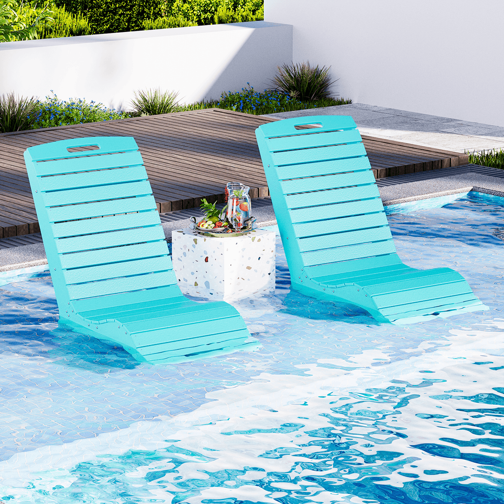 HOMREST HDPE Pool Lounge Chairs Set of 2, In-Pool Chaise with Wheels, S-Shaped, Blue