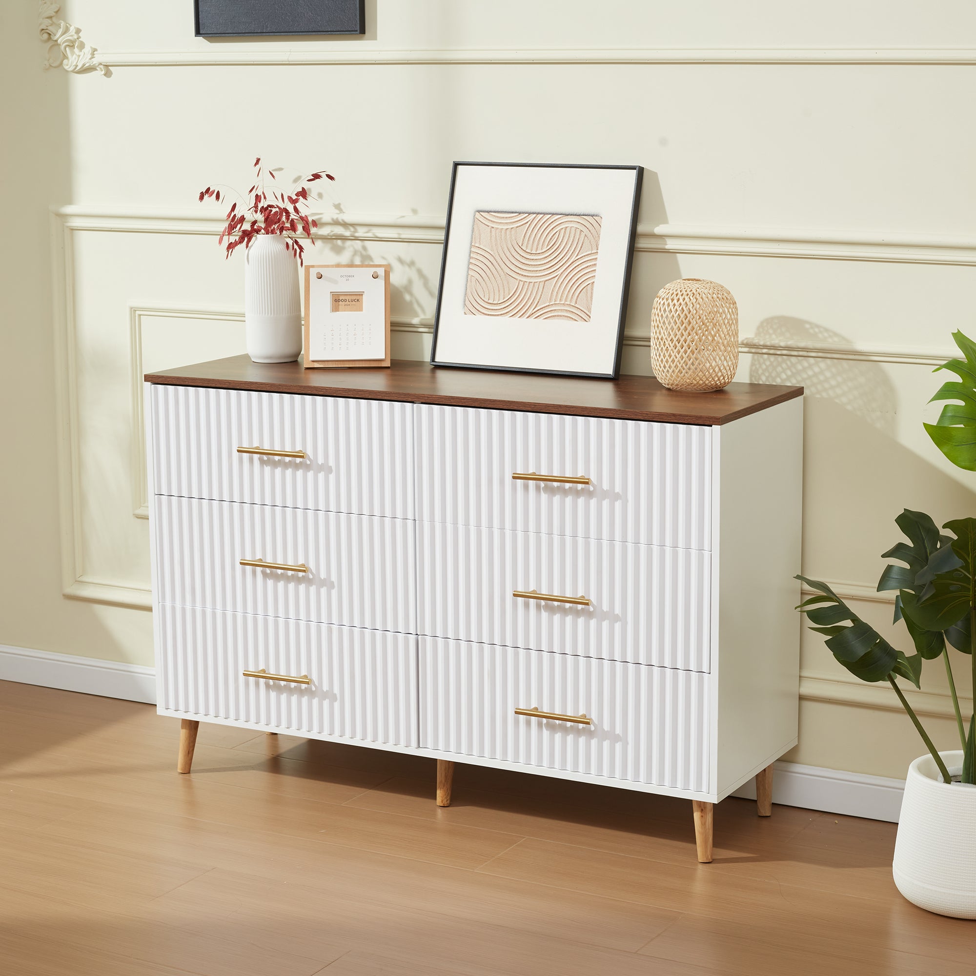 HOMREST 6 Drawer Dresser Modern Dresser Chest of Drawers with Fluted Panel, White