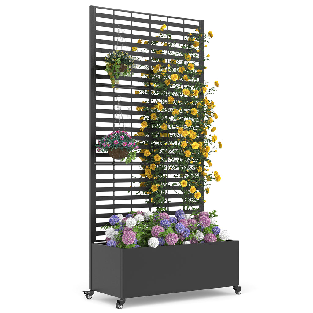 HOMREST Metal Planter Box with Trellis, 73"x 35"x 16" Raised Garden Bed with Wheels and Drainage Holes, Planter with Trellis for Garden, Balcony and Patio, Black Louvered