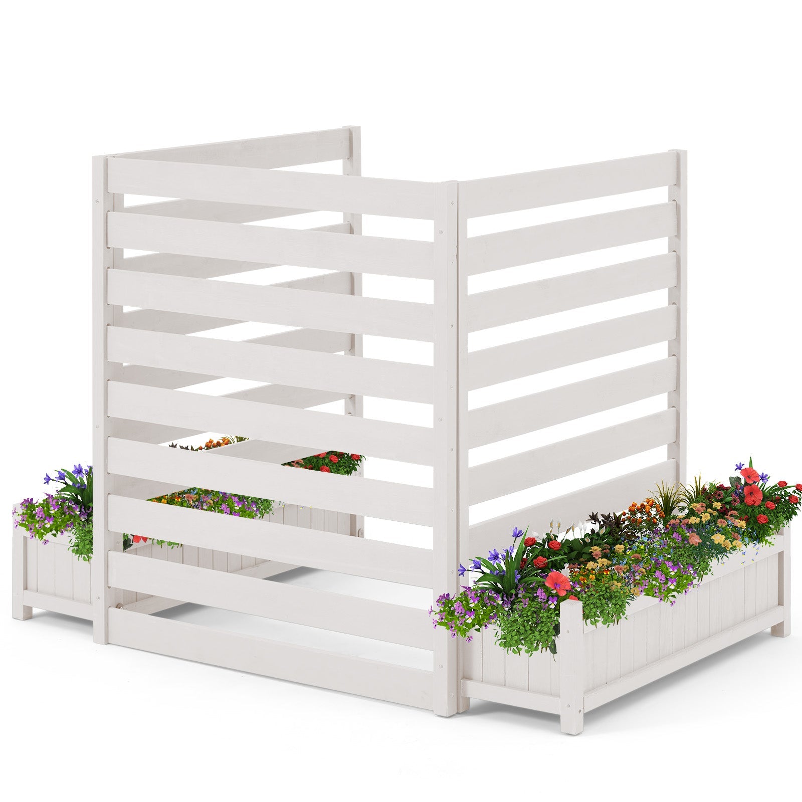 HOMREST 3 Panels No-Dig AC Unit Privacy Fence with Planter Box, 33" W x 39" H, Durable Outdoor Wood Screen to Hide AC & Trash with Floral Bed White
