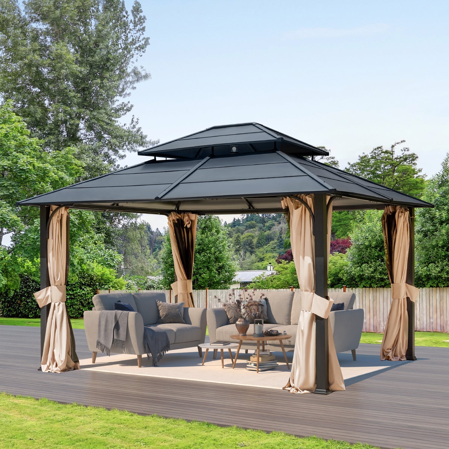 Homrest 12' x 14' Hardtop Gazebo Outdoor Double Roof with Curtains and Netting,  Anti-Rust Coating Frame