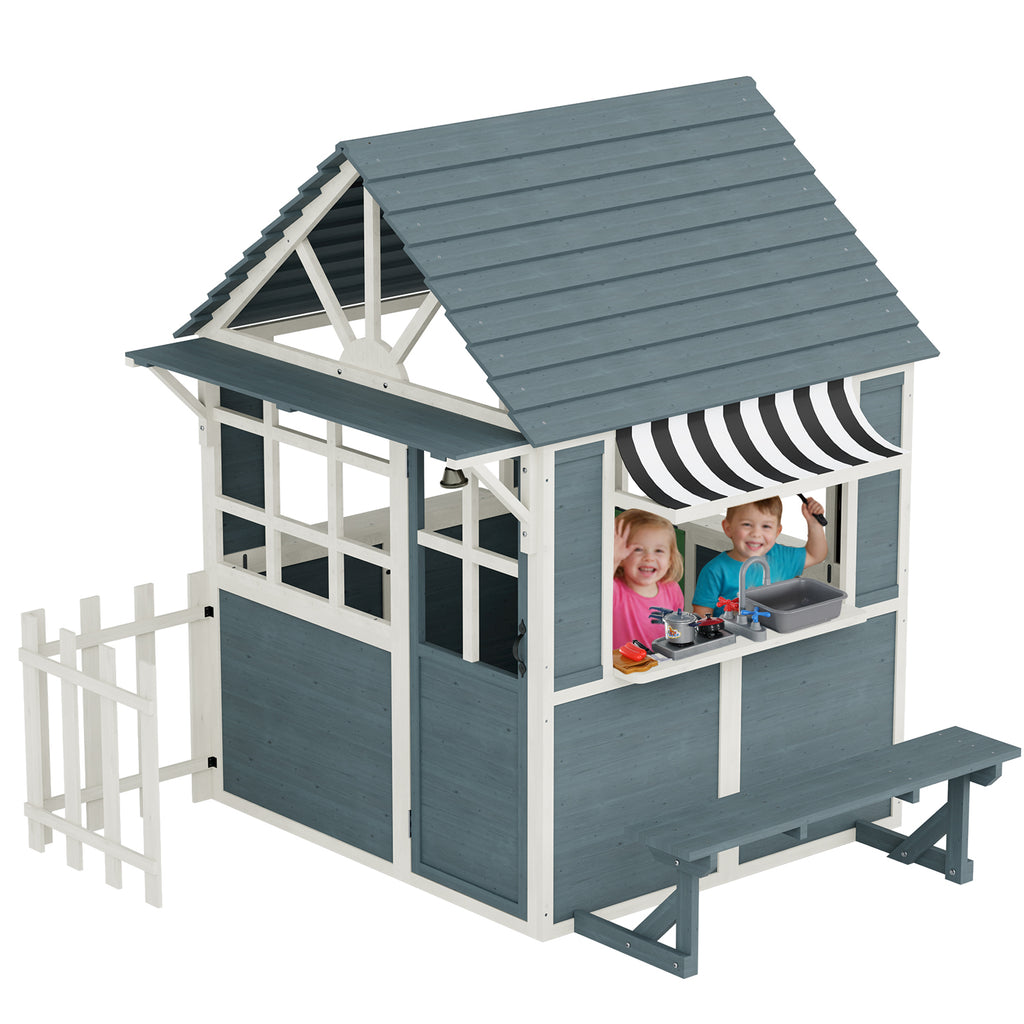 HOMREST Outdoor Playhouse for Kids, Wooden Kid Play House with Kitchen Toys,Blackboard,Chalks,Eraser,Magnetic Door, Bench, Foldable Sunshade Canopy,Flowerpot Holders, Bell, Pet Hole, Clock,Blue Grey