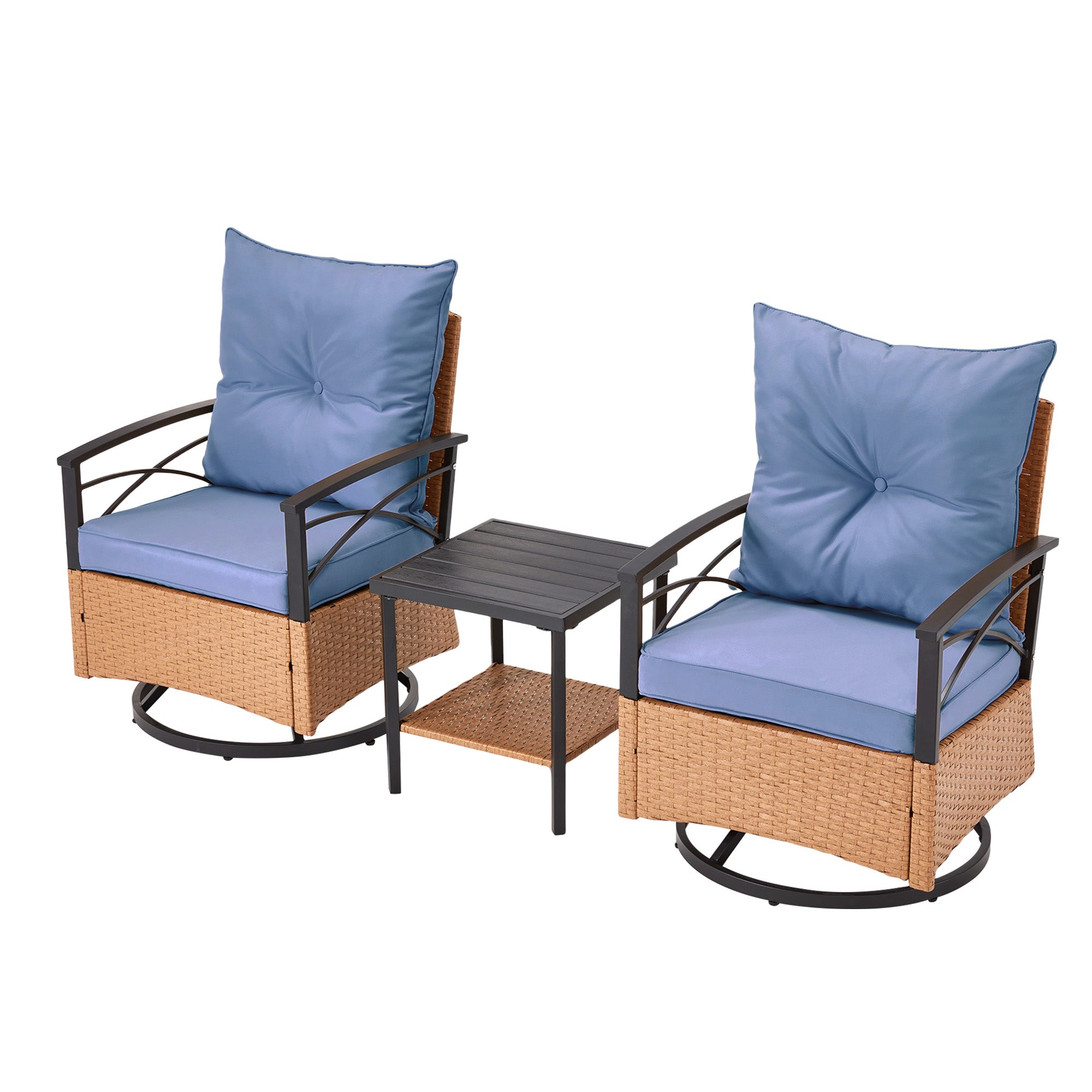 HOMREST 3-Piece Patio Swivel Rocker Set with Rattan Coffee Table, Blue