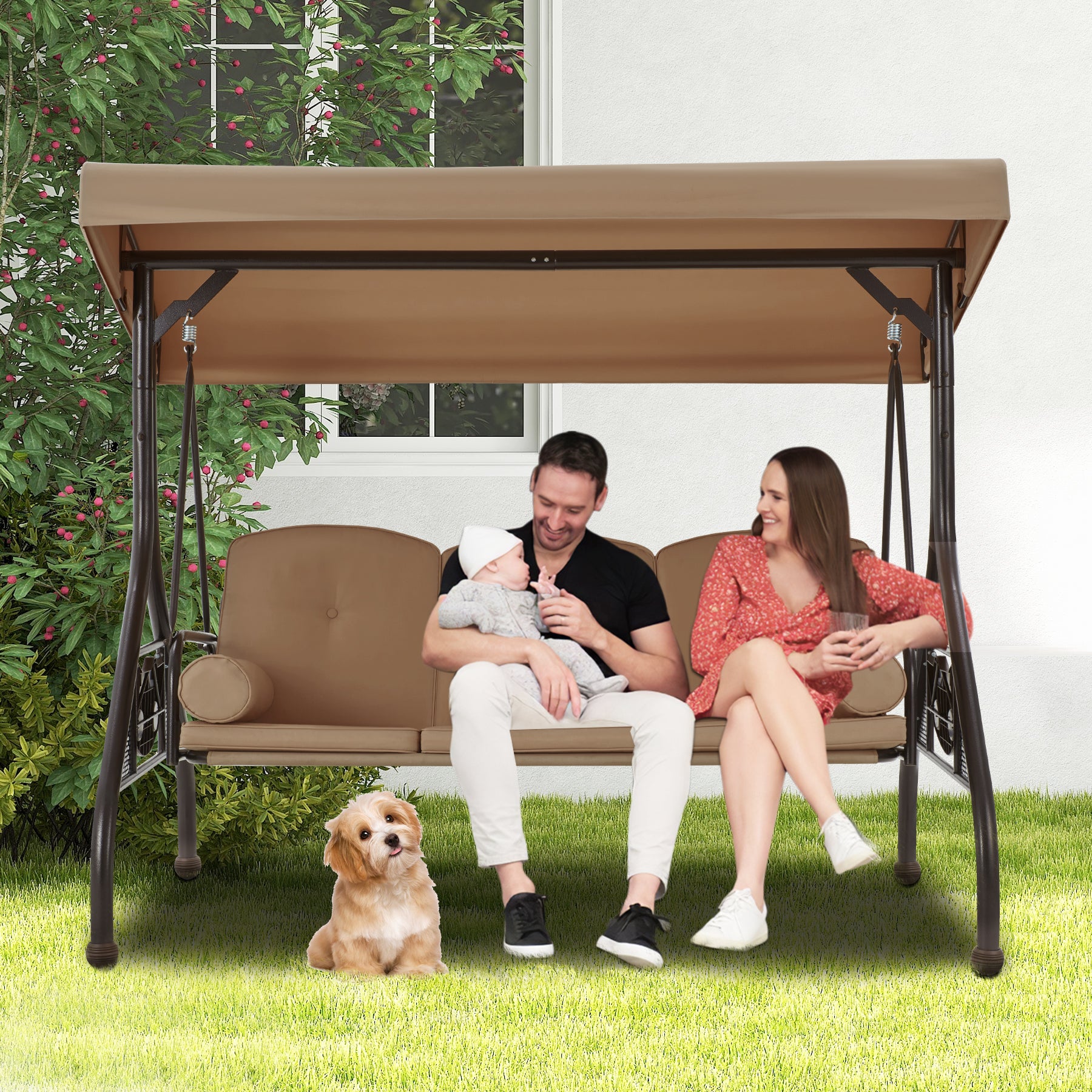 Homrest 3-Seat Outdoor Porch Swing with Adjustable Canopy and Backrest, Brown 