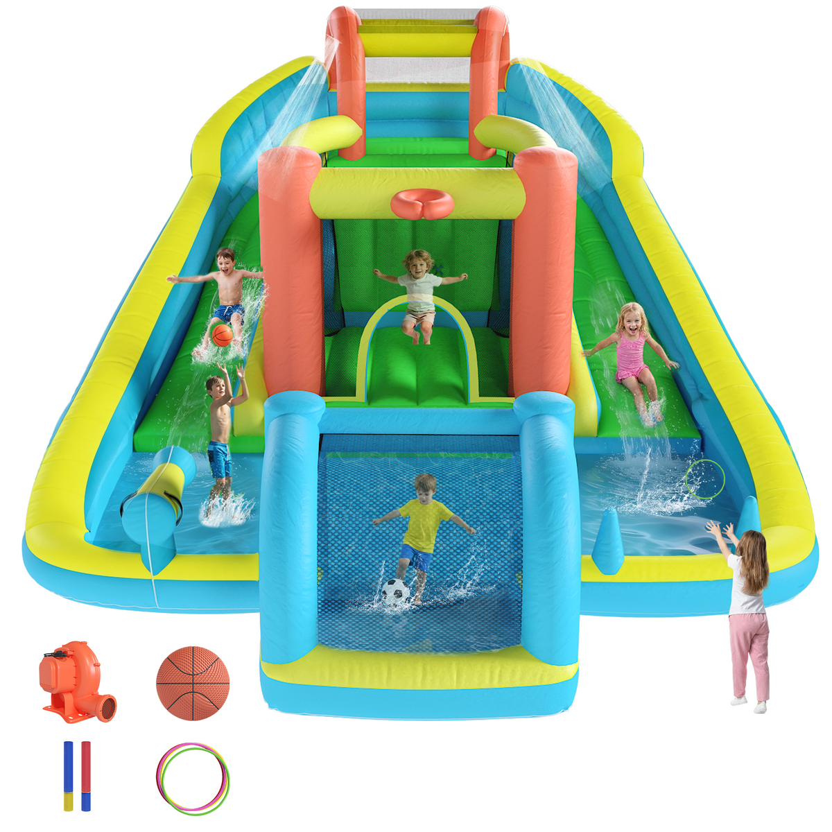 Homrest Inflatable Bounce House with Double Slide, Bouncy Castle for Kids 3-12 with Blower, Water Cannon, Football Net, Jumping, Climbing Wall, Basketball Hoop, Backyard Water Park for Kids
