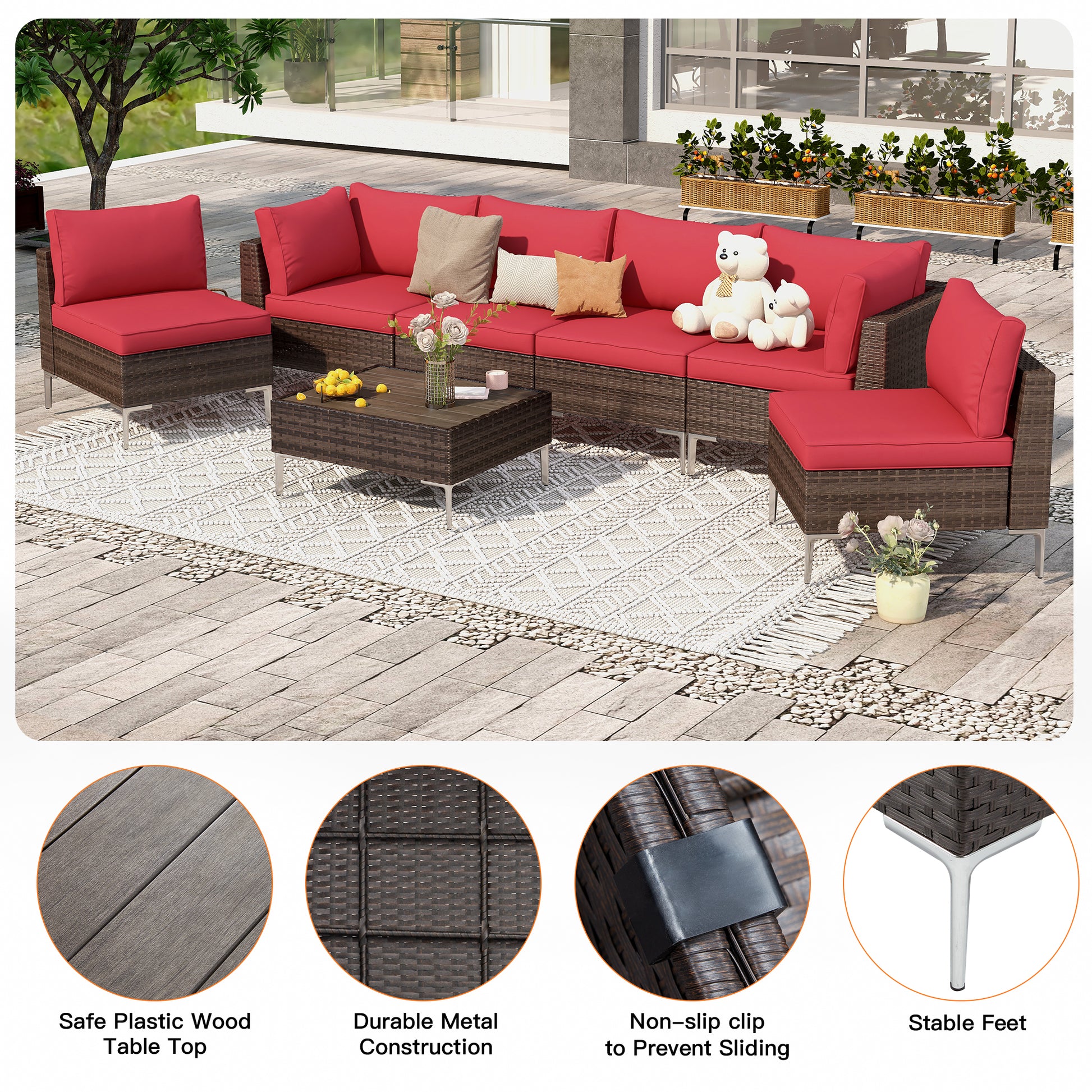 7 Pcs Outdoor Sectional Sofas All-Weather Patio Couch Set with Cushion/Tea Table, Red | Homrest Furniture