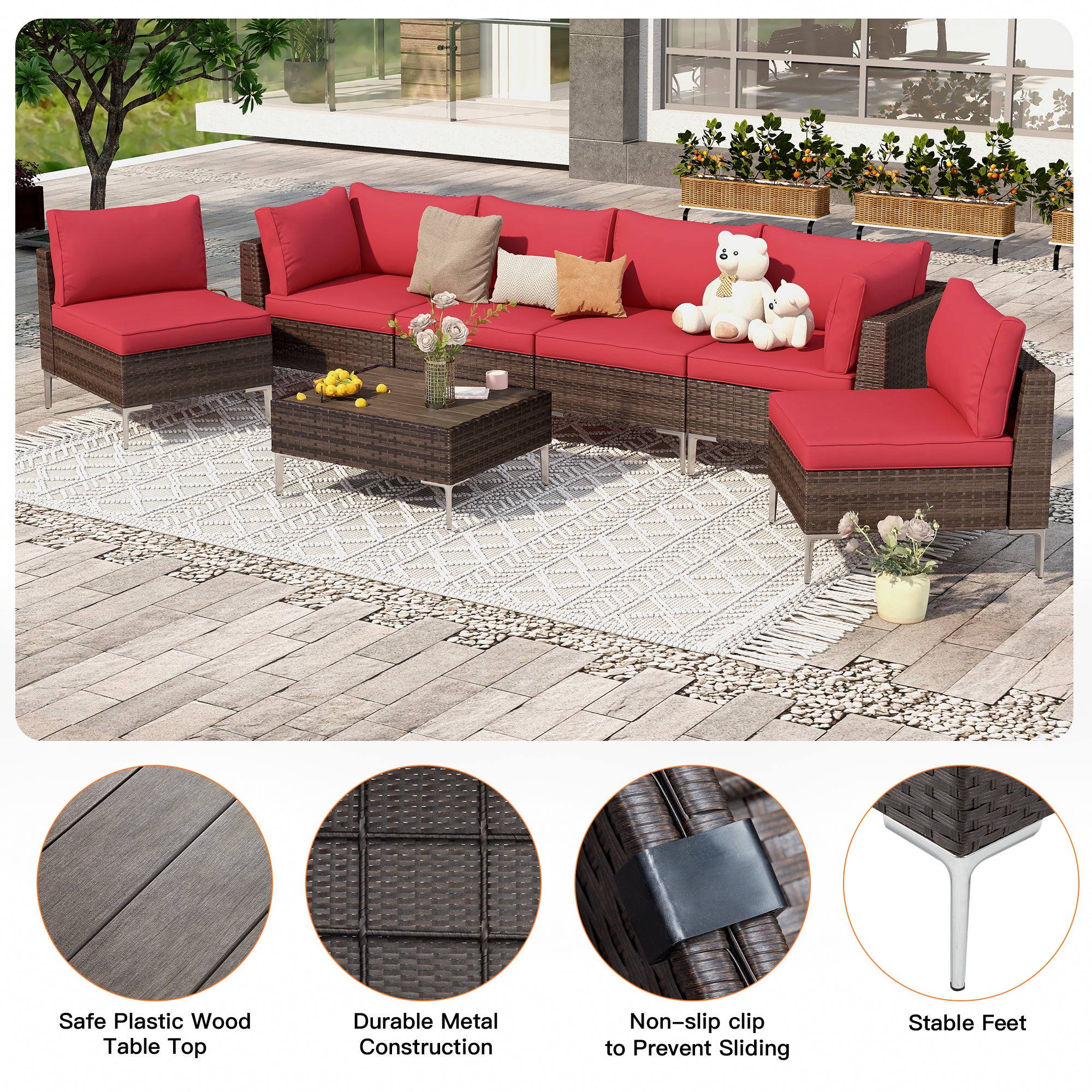 7 Pcs Outdoor Sectional Sofas All-Weather Patio Couch Set with Cushion/Tea Table, Red | Homrest Furniture