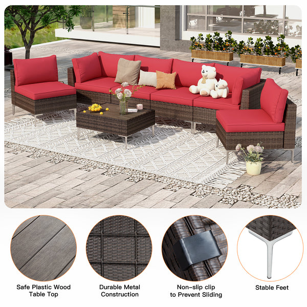 7 Pcs Outdoor Sectional Sofas All-Weather Patio Couch Set with Cushion/Tea Table Red