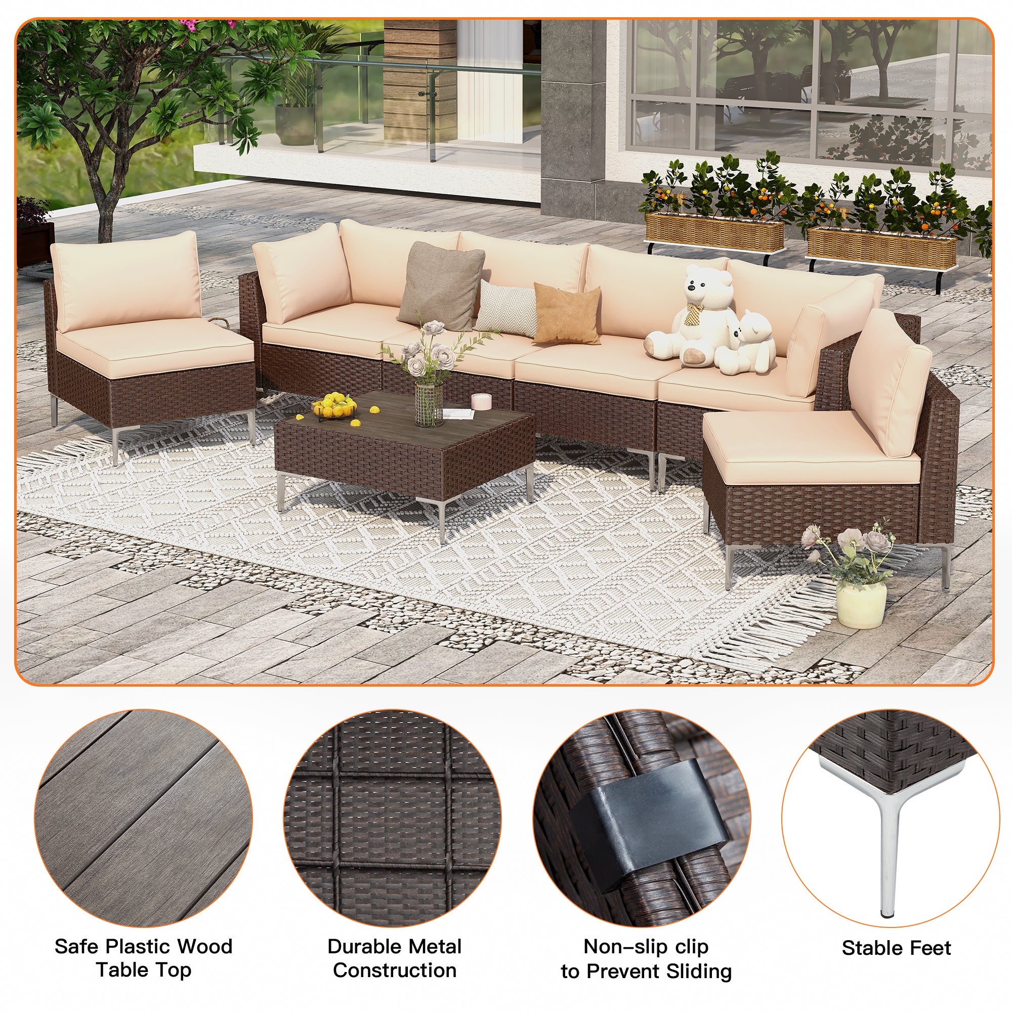 7 Pieces Outdoor Sectional Sofa, All-Weather Furniture Set with Tea Table, Khaki | Homrest Furniture