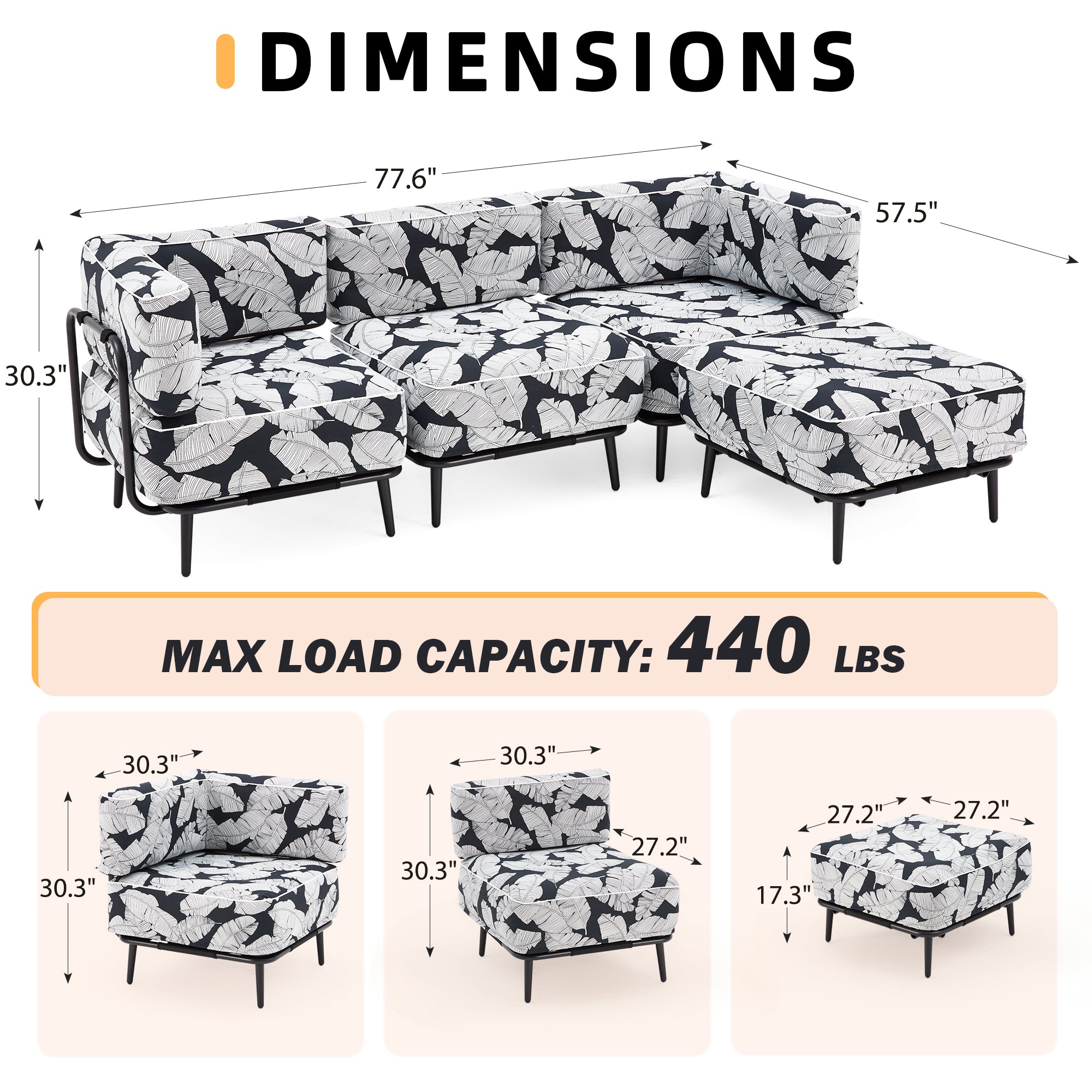 HOMREST 4-Piece Inflatable Couch Set, Portable Oxford Fabric Blow Up Couch Lounger, White Black Leaf Pattern